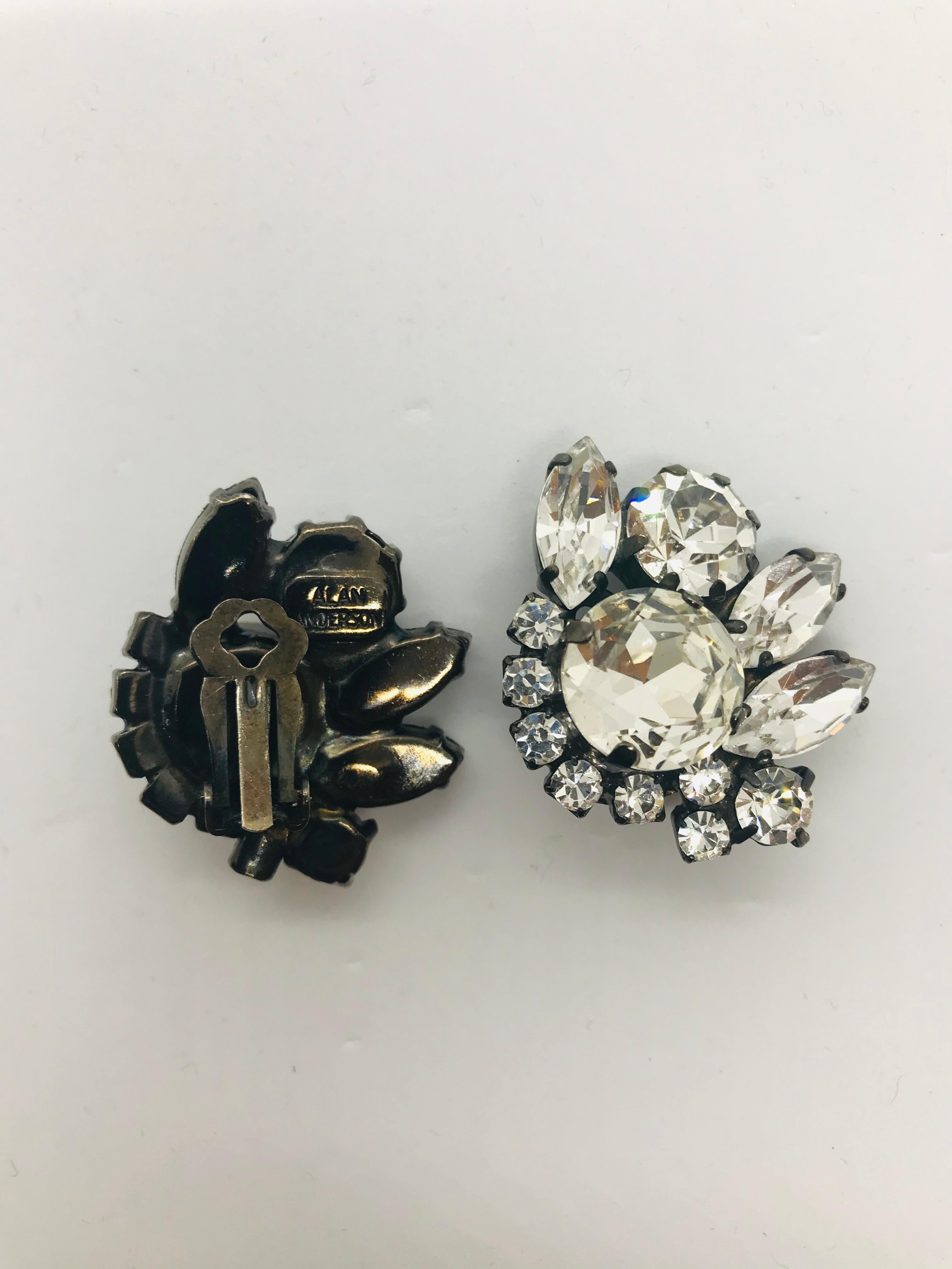 Art Deco Clear Austrian Crystal Button Cluster Japanned Clip Earrings For Sale