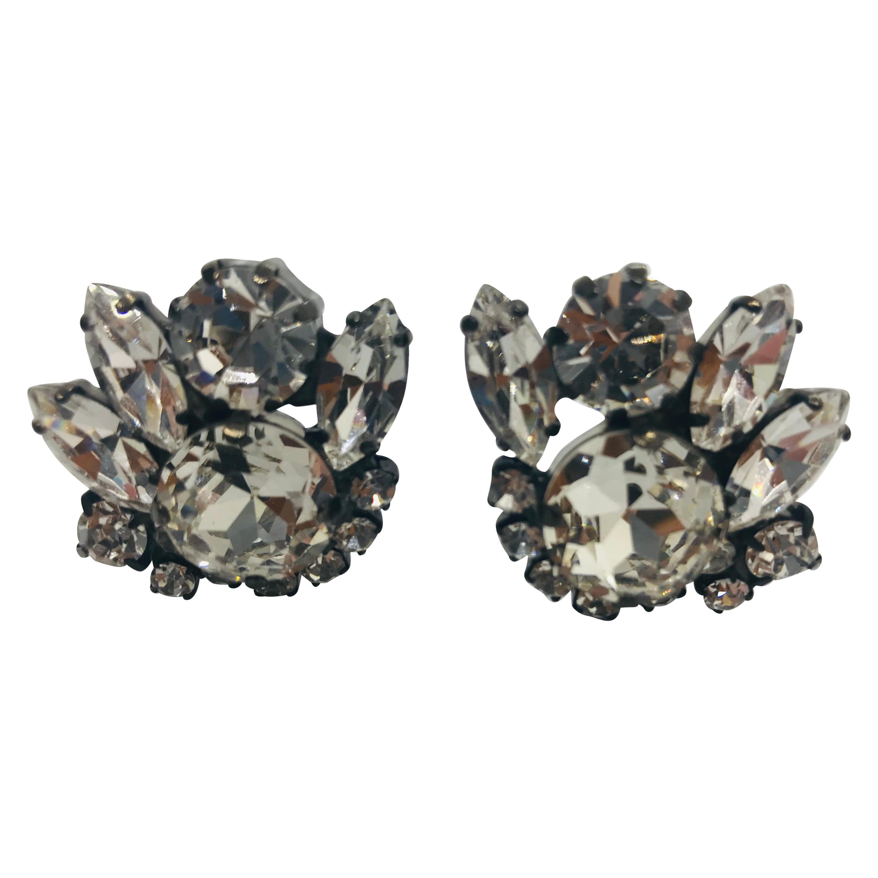 Clear Austrian Crystal Button Cluster Japanned Clip Earrings For Sale