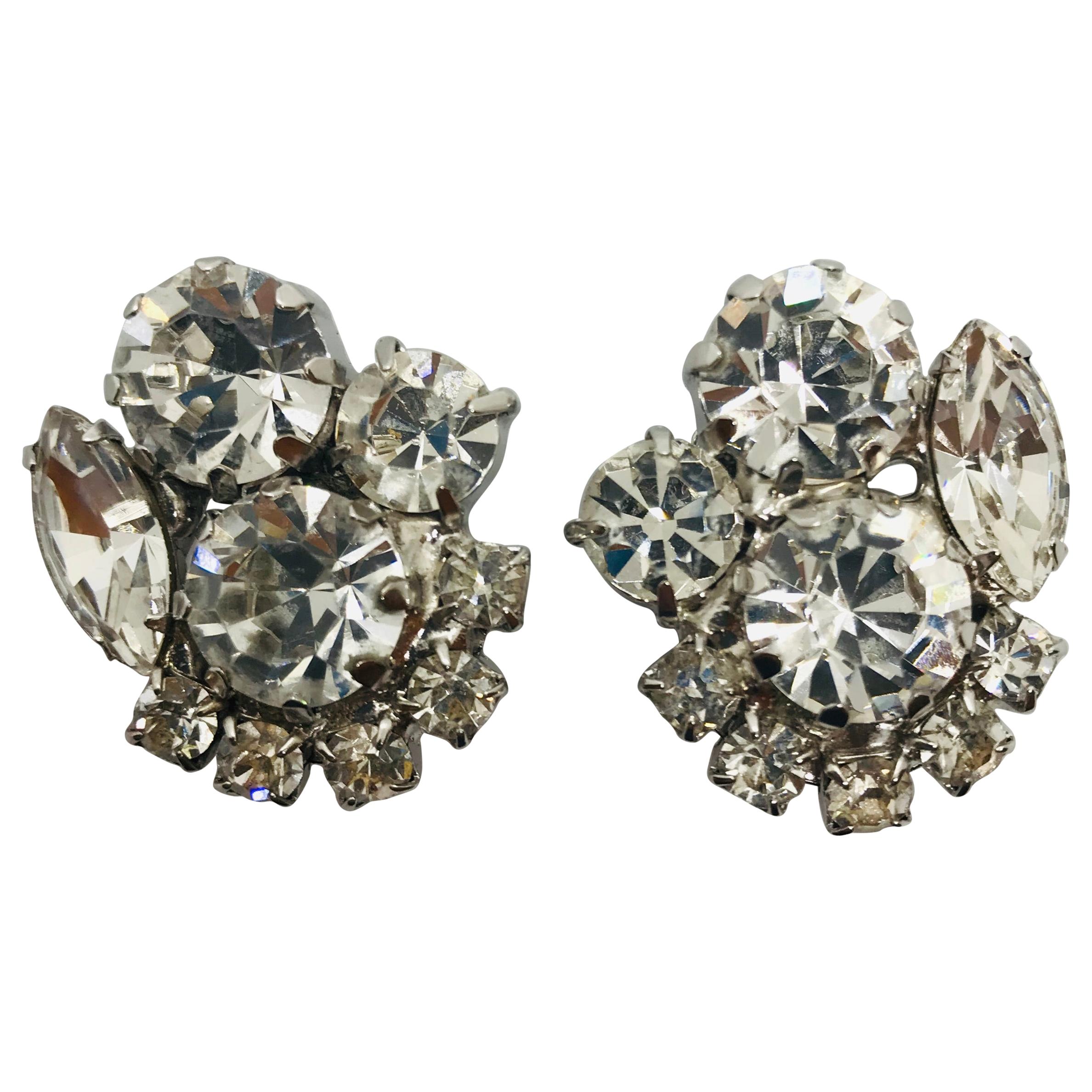 Clear Austrian Crystal Button Cluster Rhodium Clip Earrings For Sale