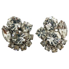 Clear Austrian Crystal Button Cluster Rhodium Clip Earrings