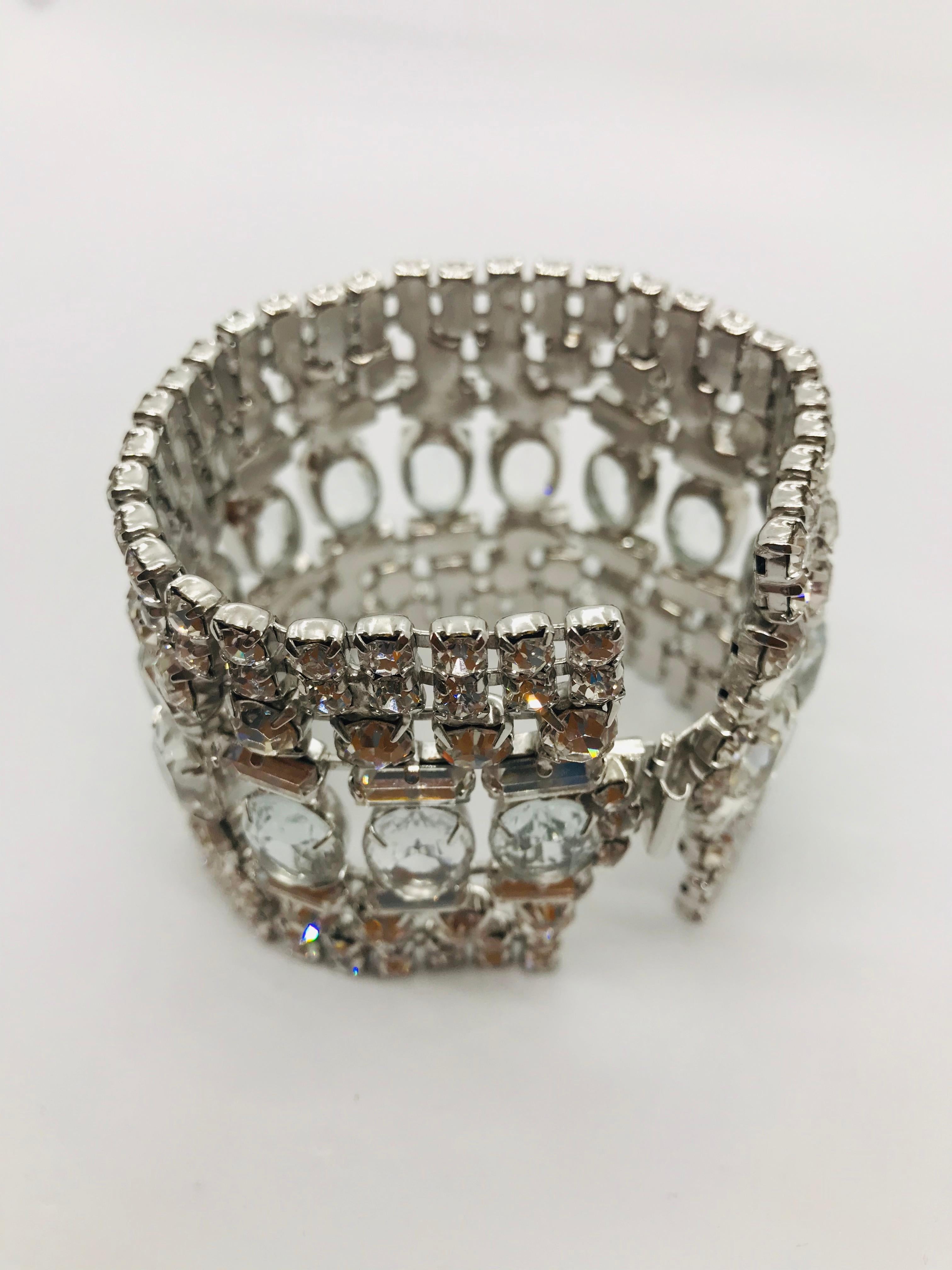 Art Deco Clear Austrian Crystal Flex Cuff Bracelet For Sale