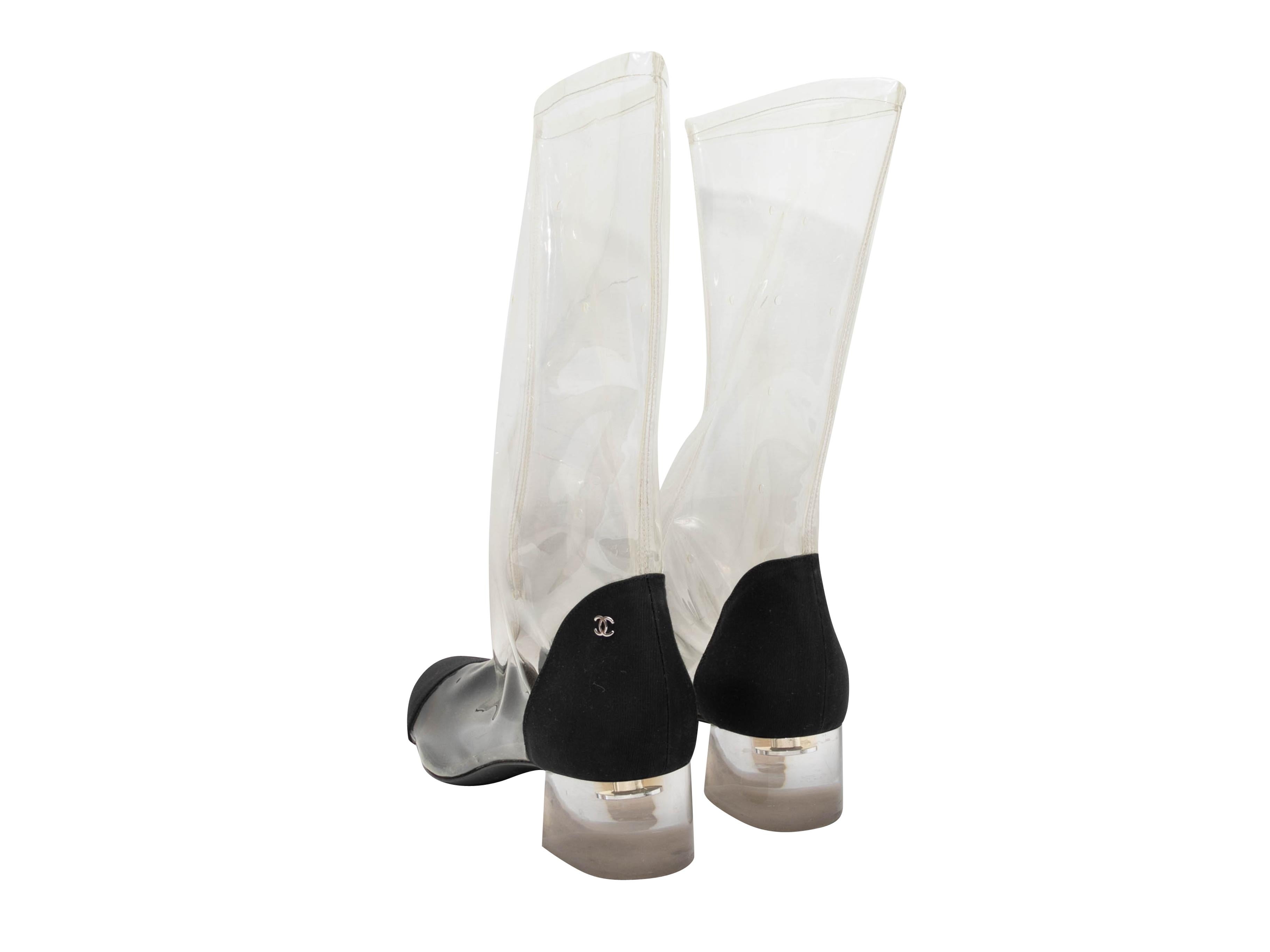 Women's Clear & Black Chanel PVC & Grosgrain Cap-Toe Boots Size 39 For Sale