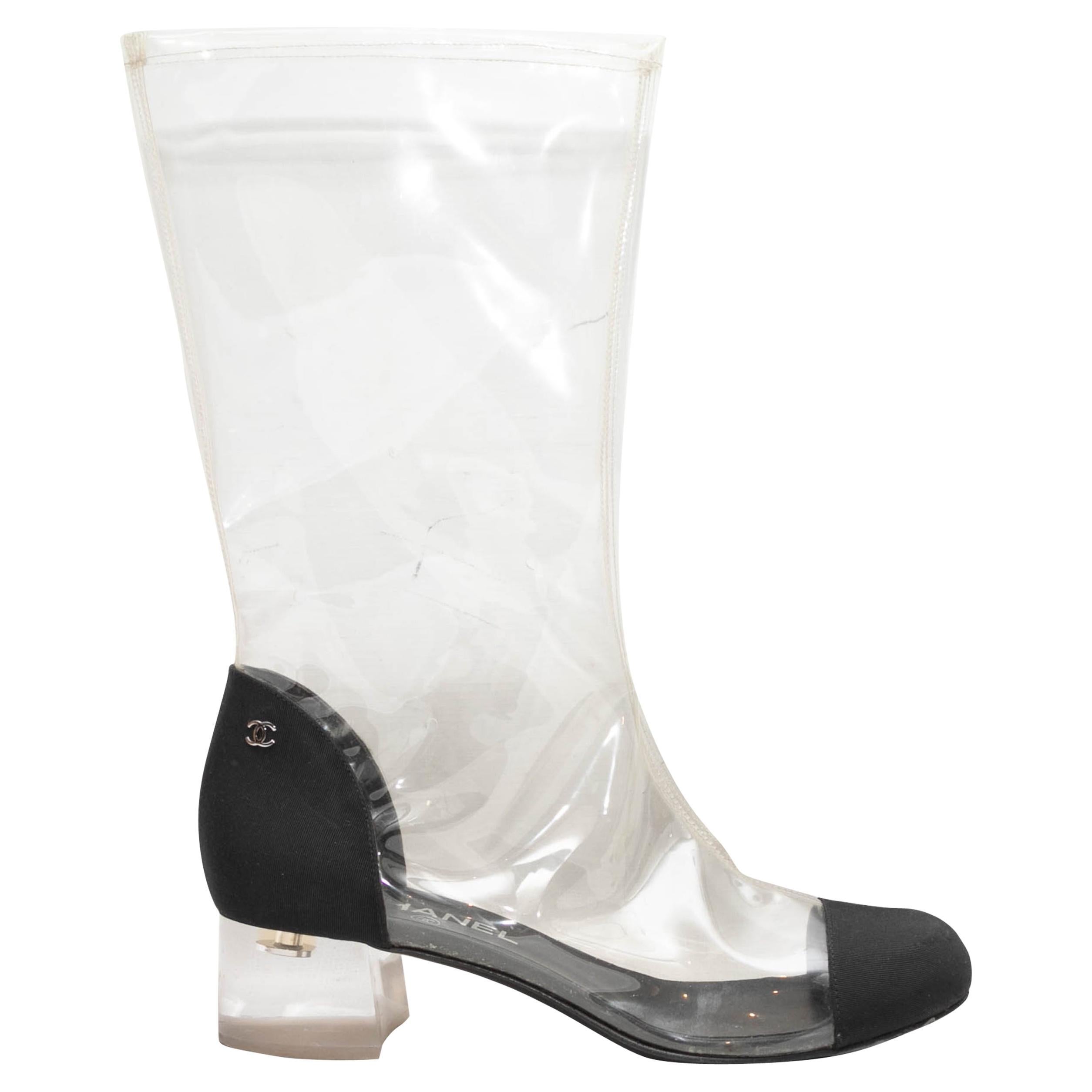 Clear & Black Chanel PVC & Grosgrain Cap-Toe Boots Size 39 For Sale