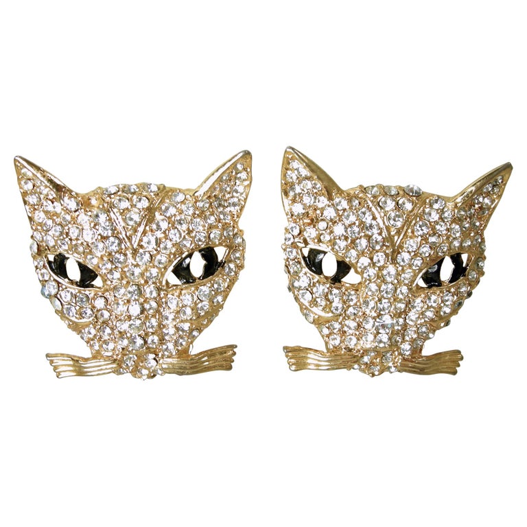 Clear and Black Crystal Cat Earrings at 1stDibs