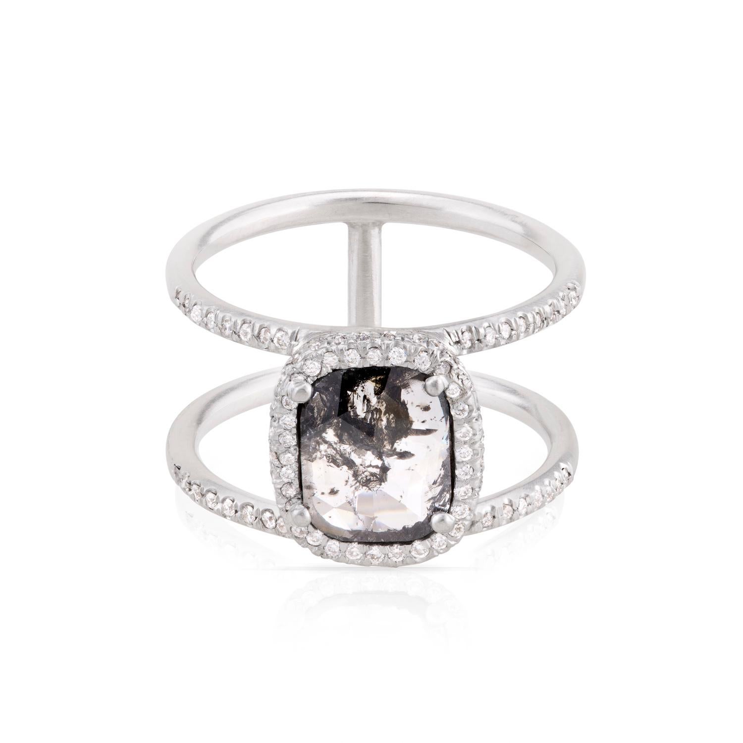 Contemporary Clear Black Diamond Slice Double Halo Pave Double Band Ring in 18k White Gold For Sale