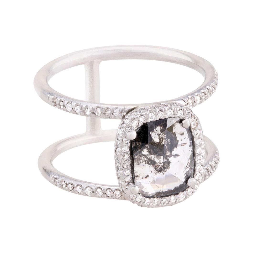 Clear Black Diamond Slice Double Halo Pave Double Band Ring in 18k White Gold For Sale