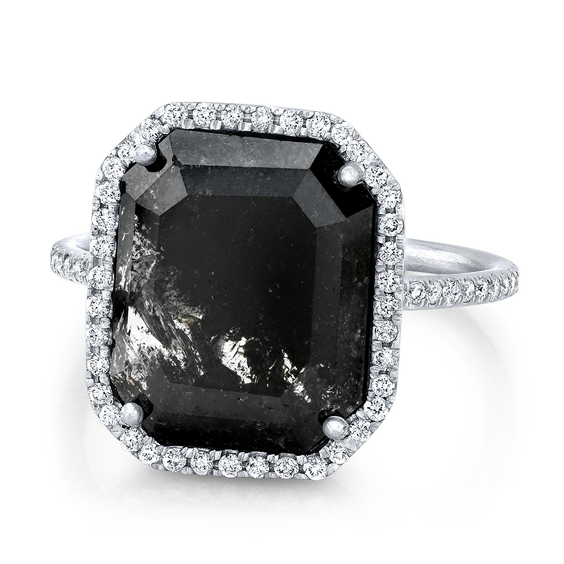 4.13ct Fancy Clear Black Portrait cut Rustic Diamond with .37ct Diamond Pave halo and Diamond Pave Band set in 18k Matte Finish White Gold. Size 6 1/2. Diamonds go 2/3 around the band. Hand made and hand set in Los Angeles. All Diamonds are