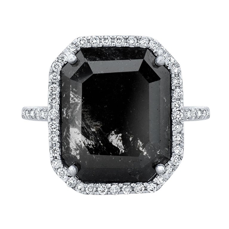 Clear Black Portrait Cut Rustic Diamond Ring with Diamond Halo in 18k ...