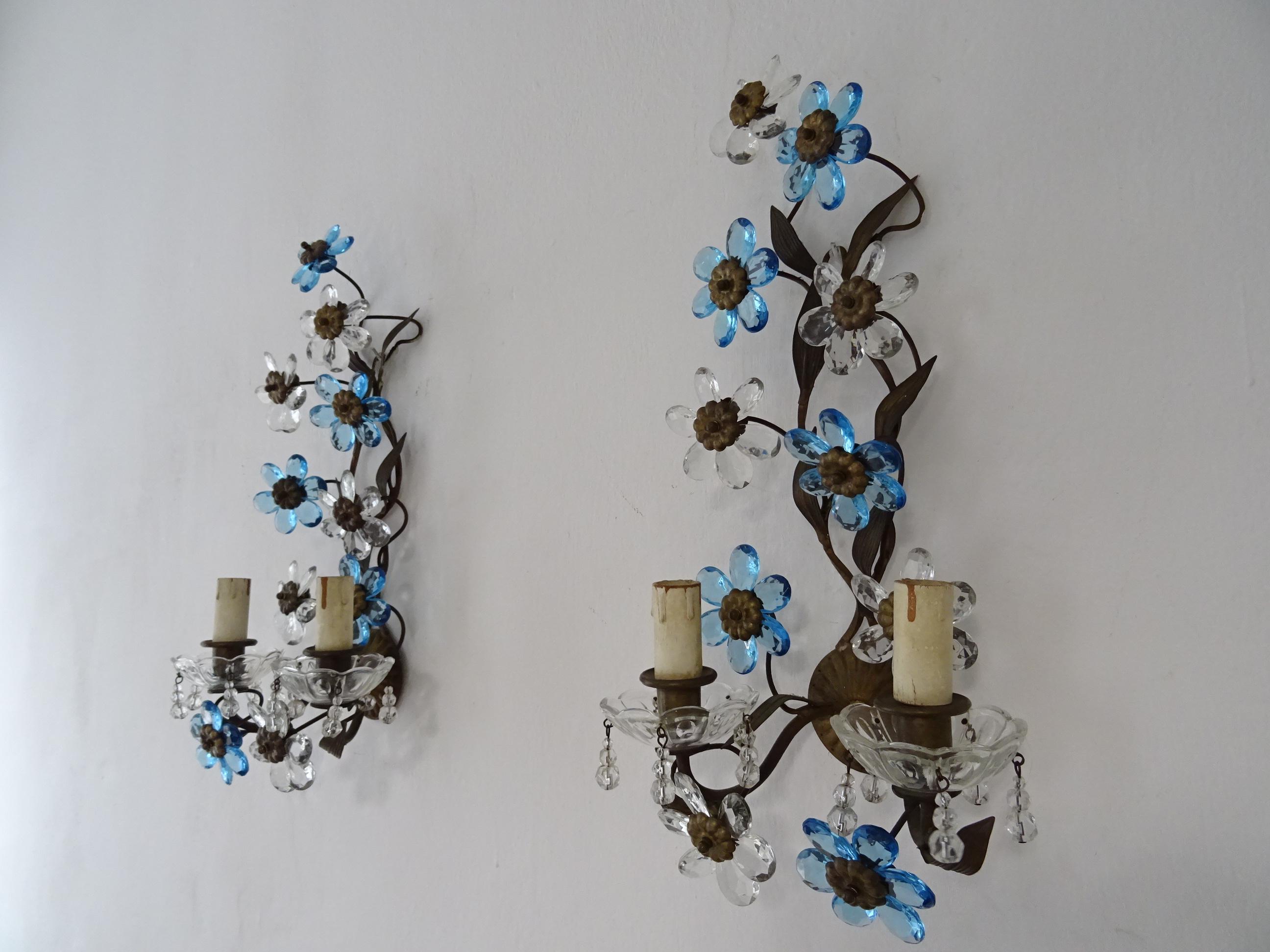 Housing two lights each, sitting in crystal bobeches dripping with crystal beads. Will be rewired with certified UL US sockets for the USA and appropriate sockets for all other countries and ready to hang. Brass leaves with perfect patina. Adorning
