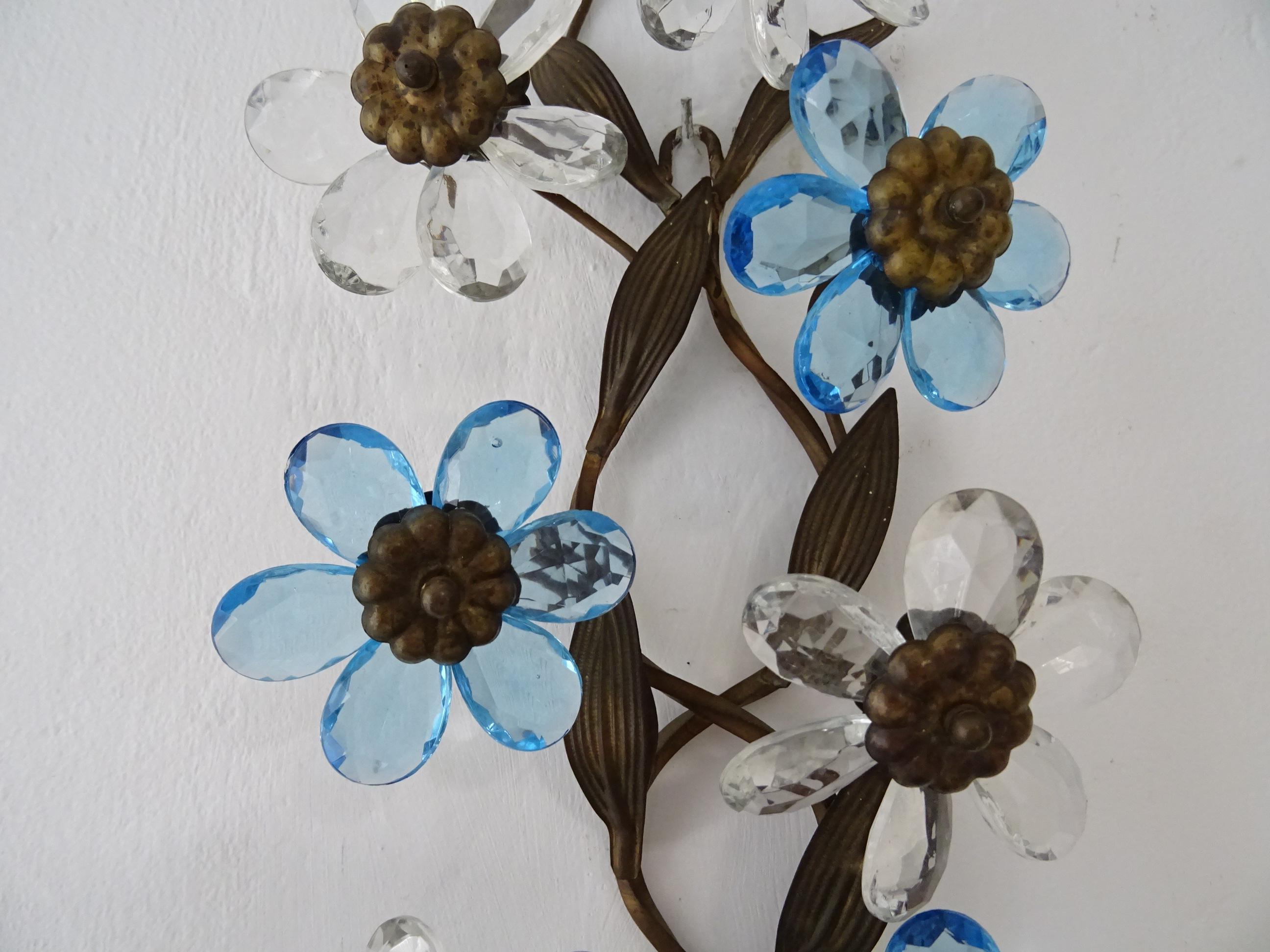 Brass Clear & Blue Flower Maison Baguès Crystal Flower Sconces Signed circa 1920 For Sale