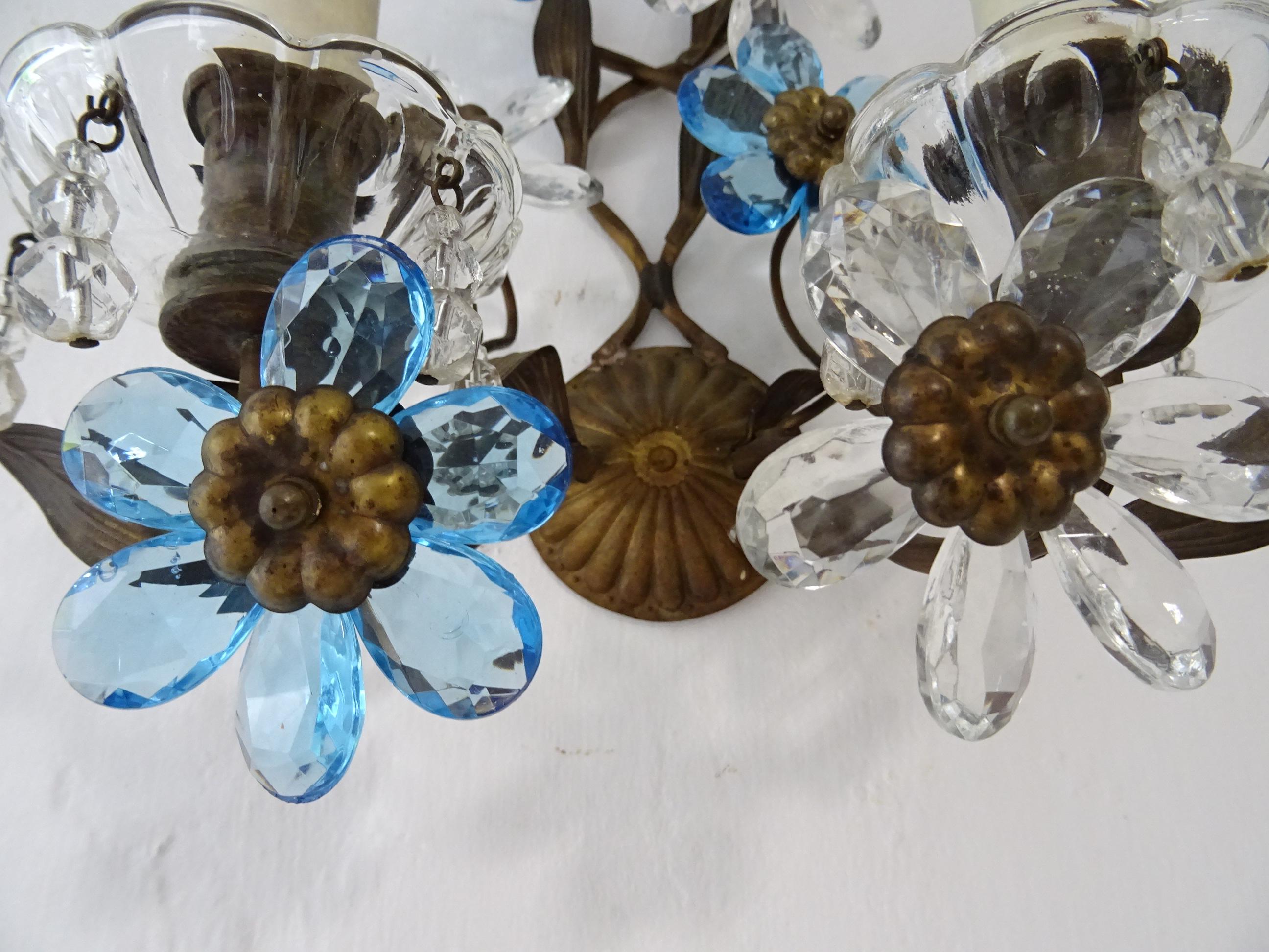 Clear & Blue Flower Maison Baguès Crystal Flower Sconces Signed circa 1920 For Sale 1