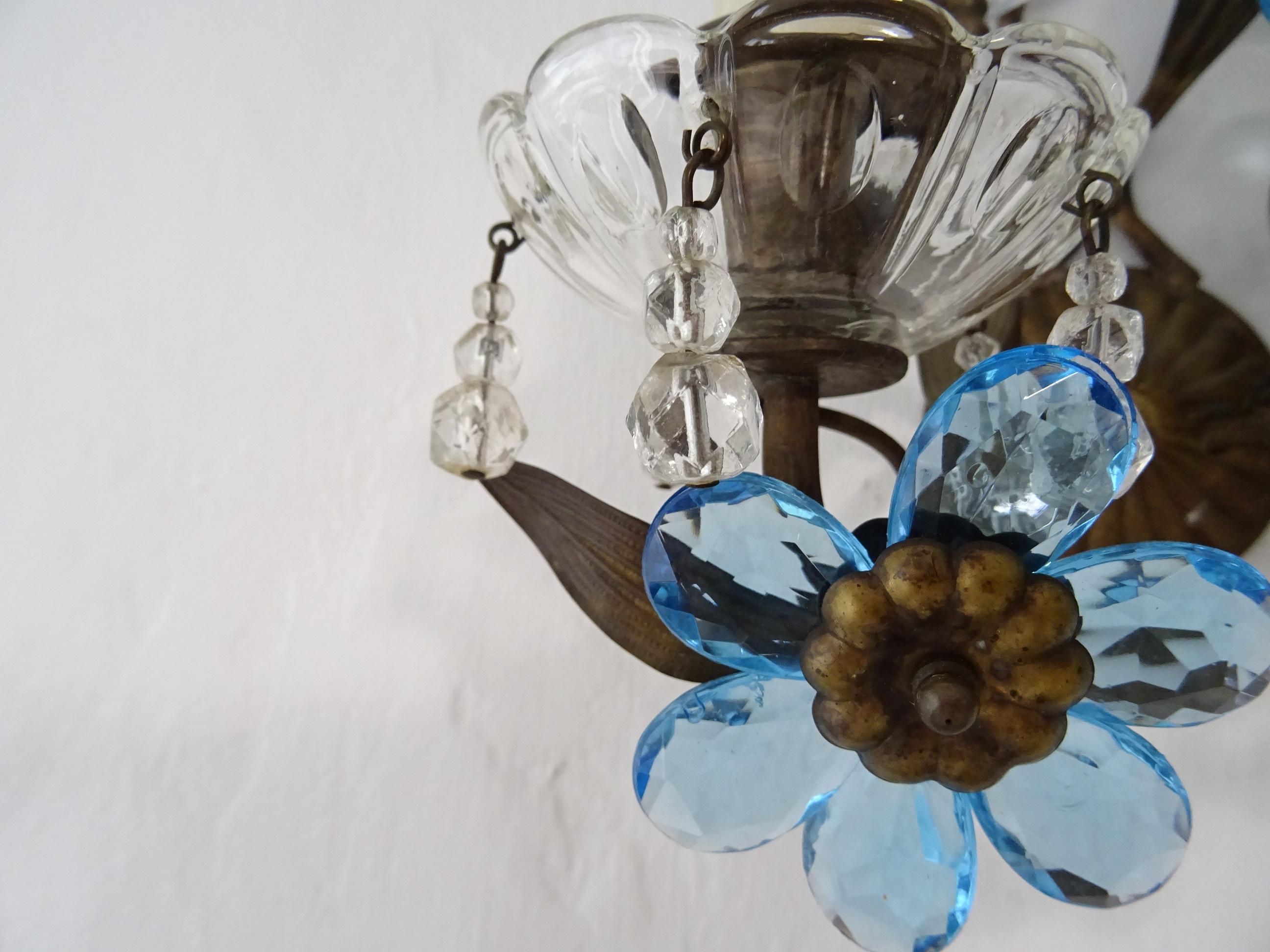 Clear & Blue Flower Maison Baguès Crystal Flower Sconces Signed circa 1920 For Sale 3