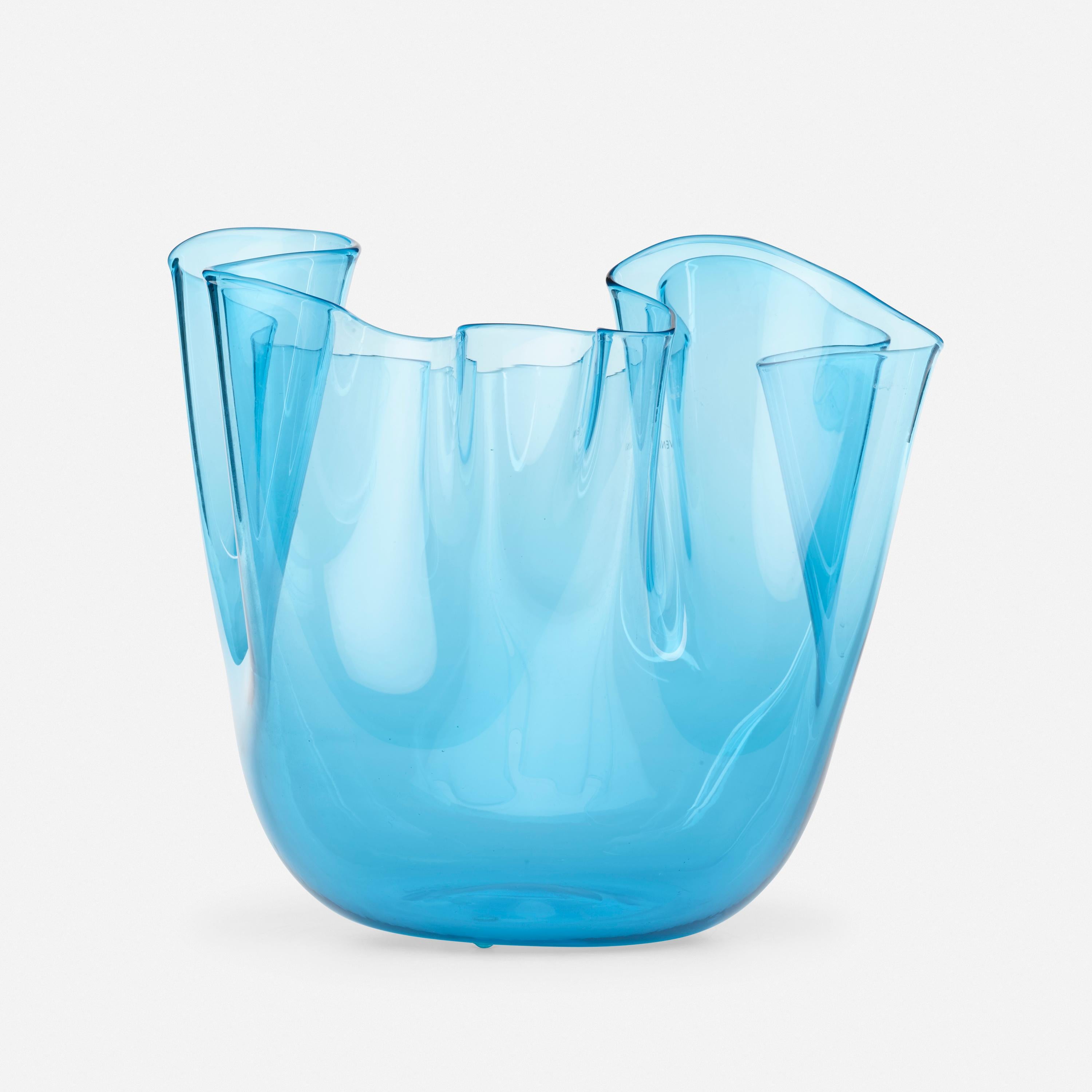 Venini clear blue glass fazzoletto vase. Signed etched Venini 2006.