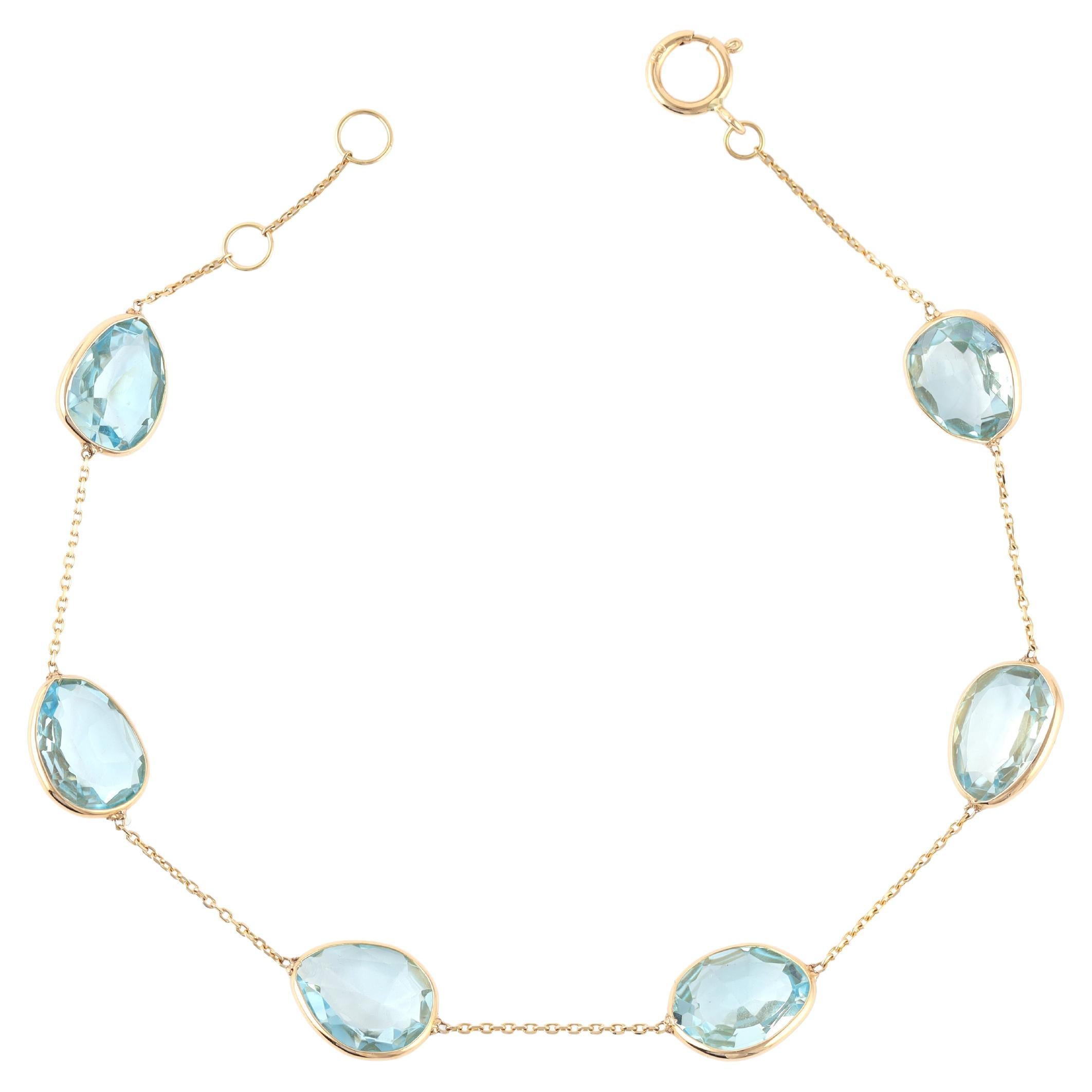  Bracelet tennis à chaîne en or 18 carats avec topaze bleue transparente de 12,25 carats 