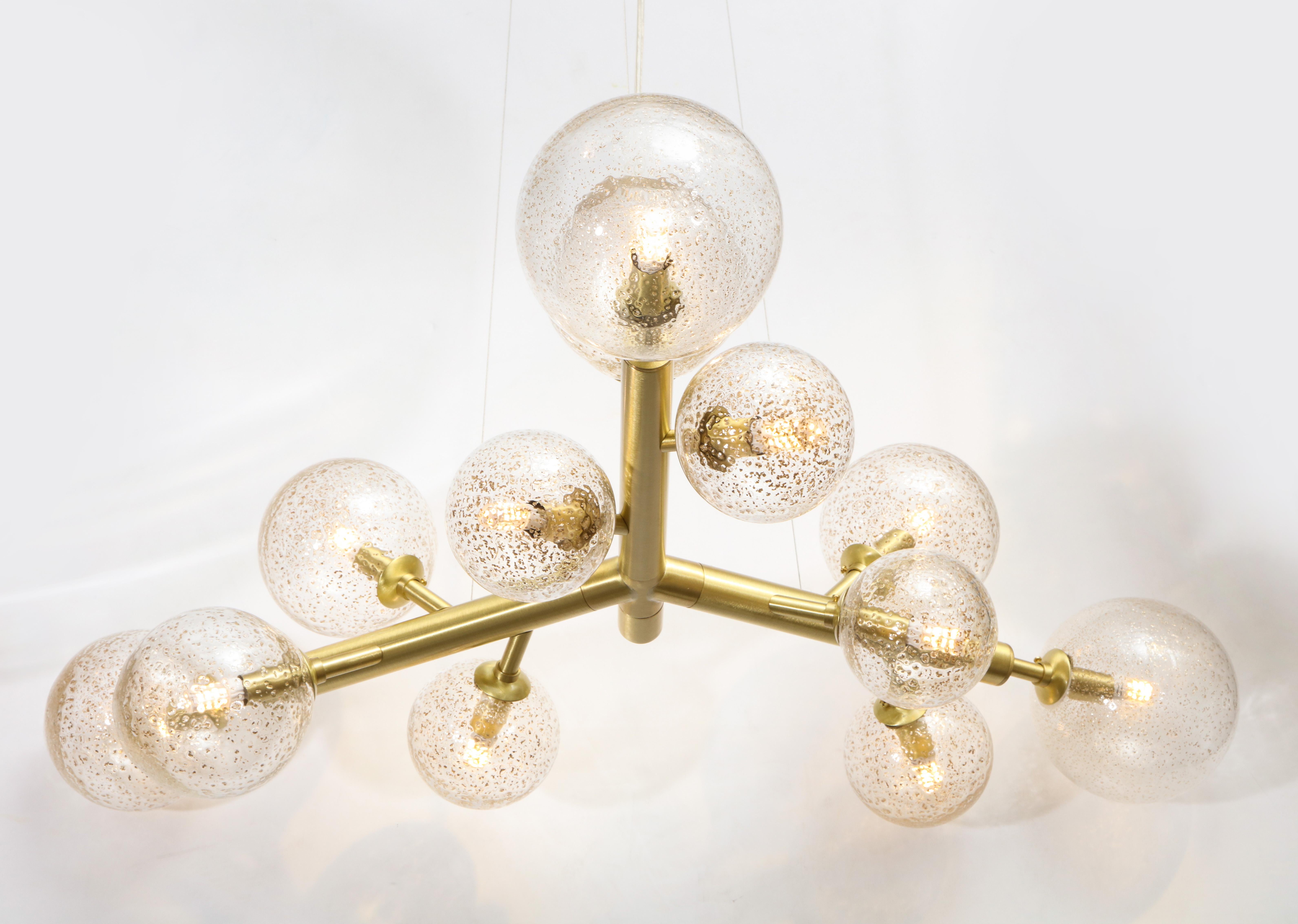 Hand-Crafted Clear & Bronze Flecked Murano & Brass 12-Light Globe Chandelier by Alberto Donà
