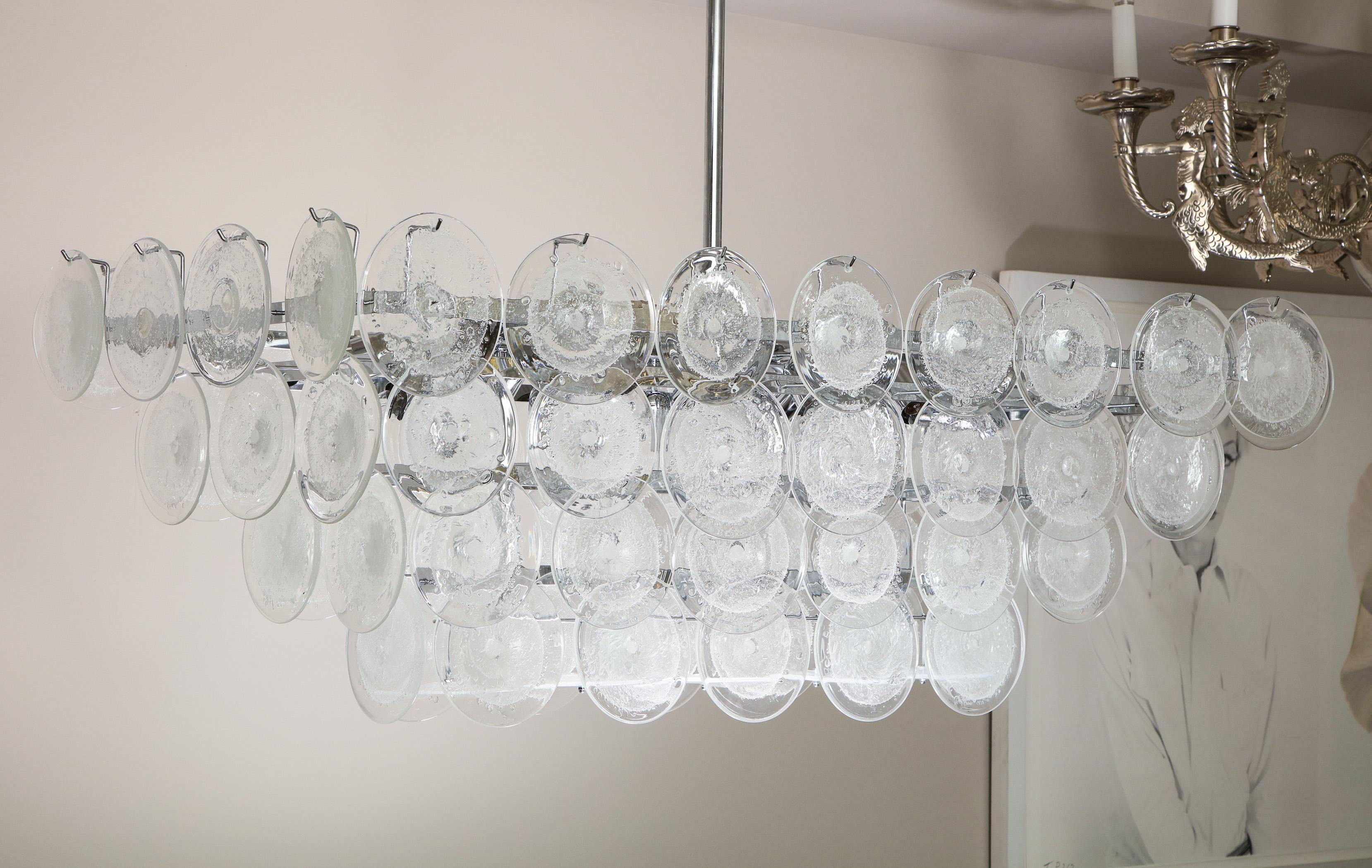 italien Lustre à disques en verre de Murano à bulles transparentes en forme de rectangle personnalisé en vente