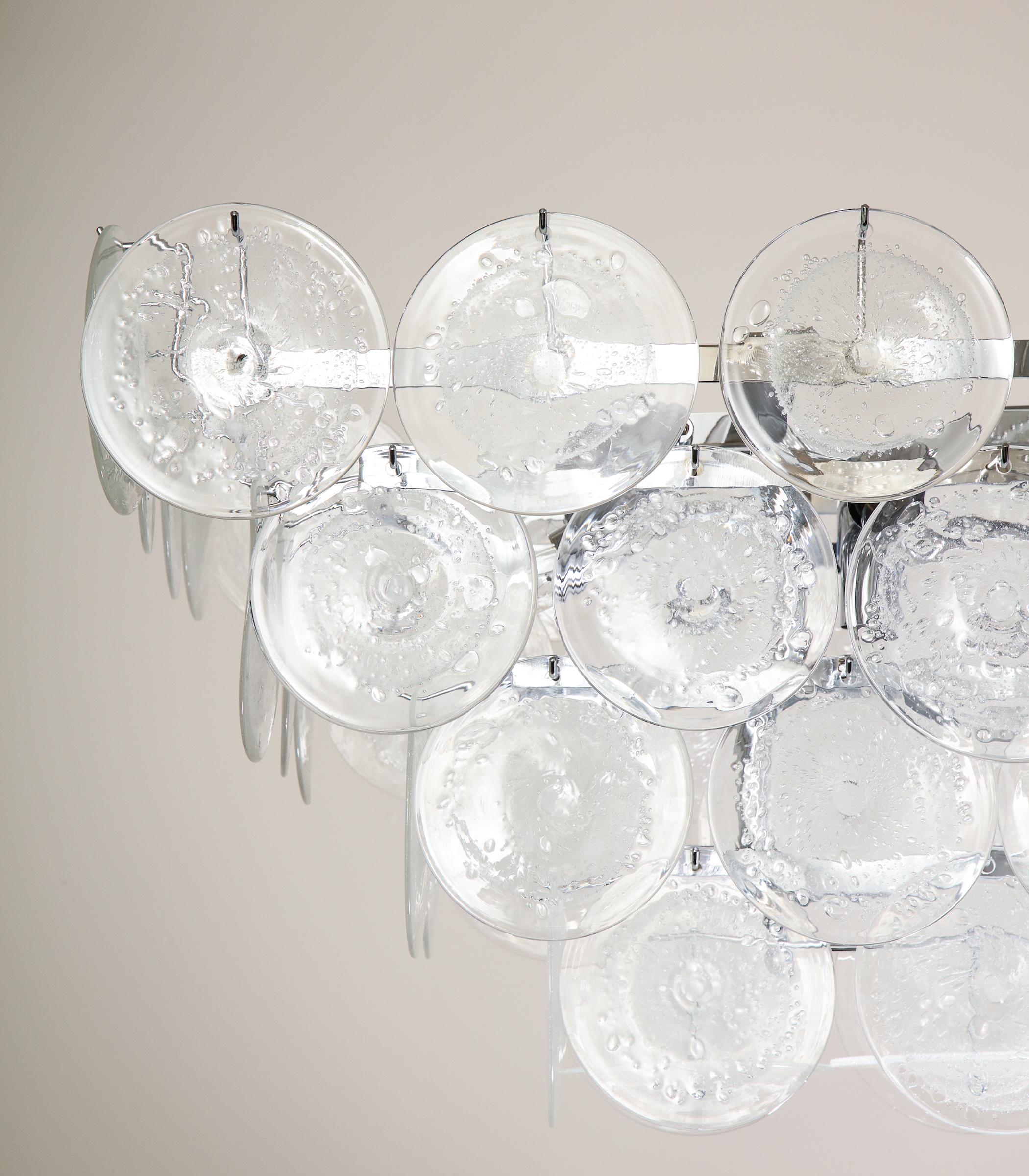 Italian Custom Clear Bubble Murano Glass Disc Chandelier in Rectangle Shape For Sale