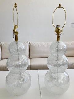 Clear Bubbles Murano Glass Table Lamps With 3 Spheres, a Pair