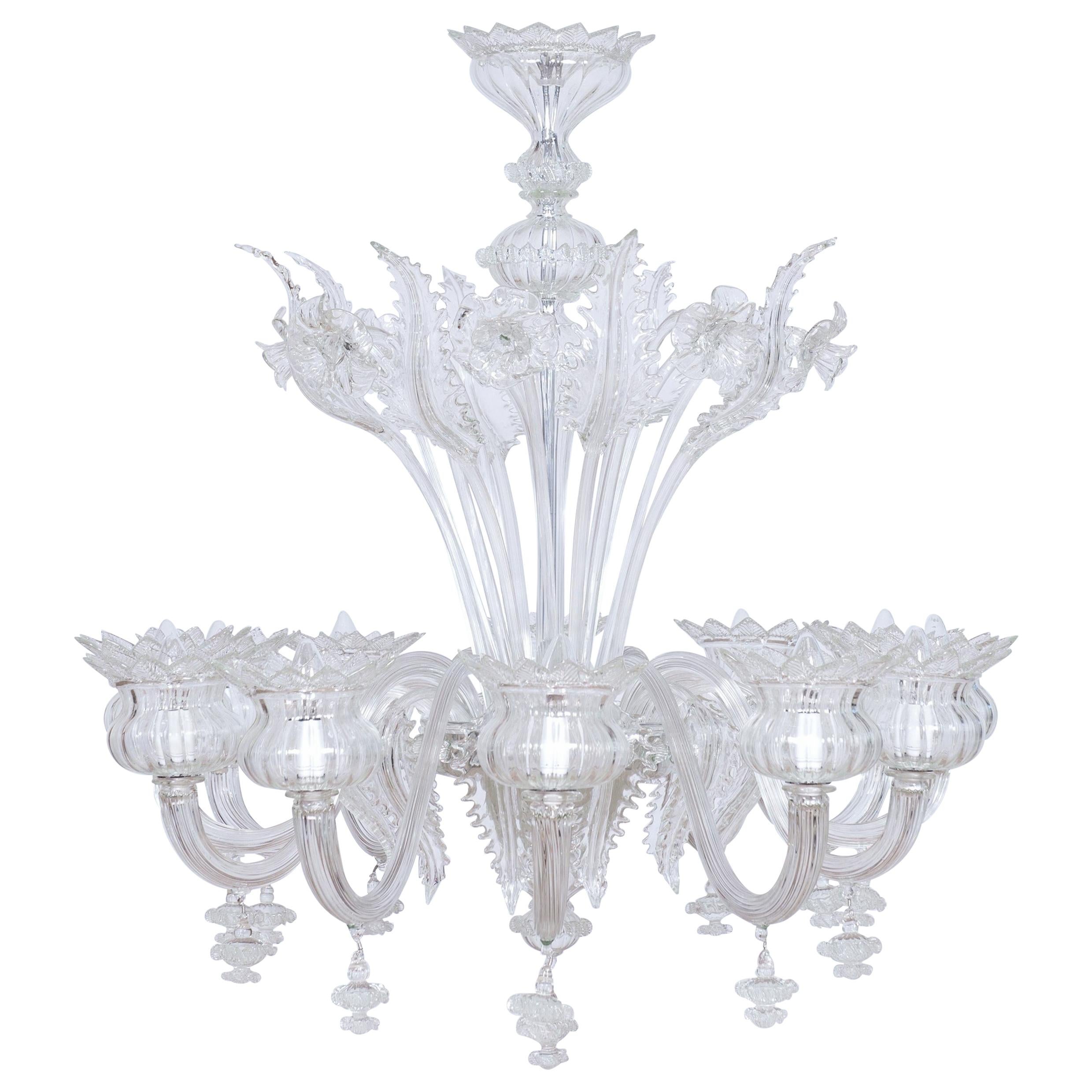 Clear Color Daisy Chandelier in Murano Glass with 12 Lights, 21st Century, Italy
