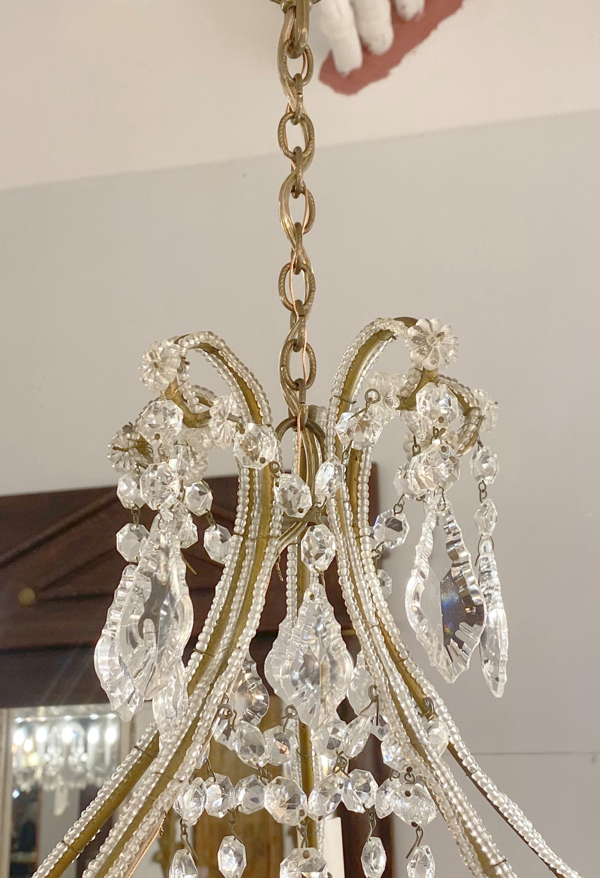 Clear Crystal Bronze Chandelier with 5 Beaded Brass Arms 7