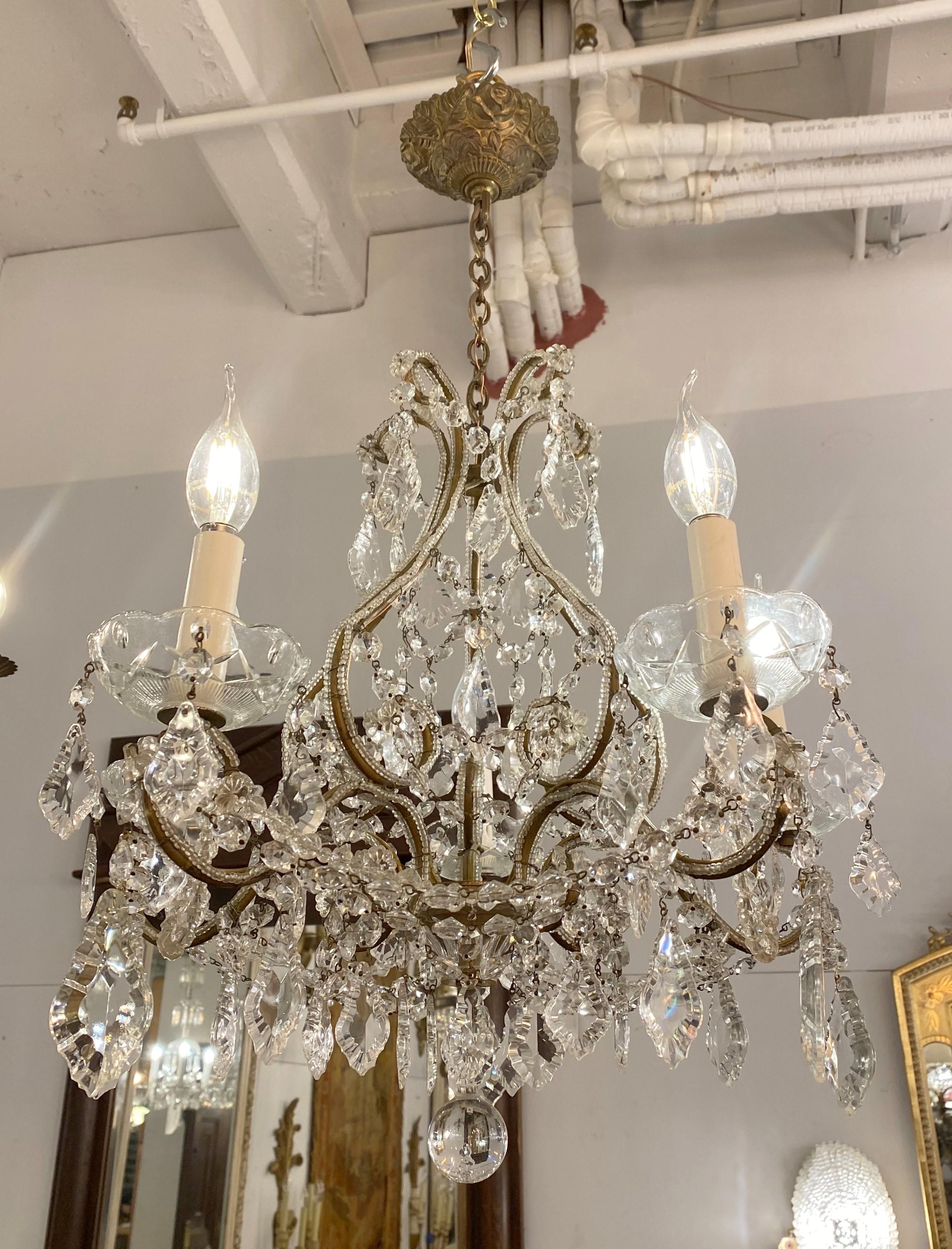 Victorian Clear Crystal Bronze Chandelier with 5 Beaded Brass Arms