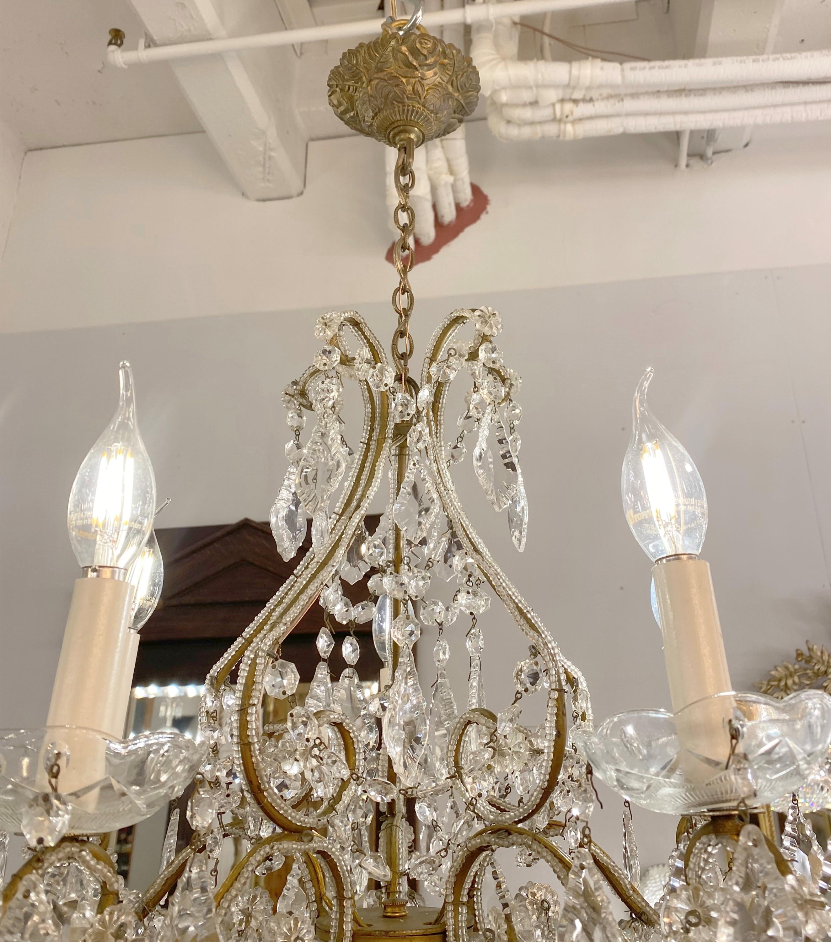 Clear Crystal Bronze Chandelier with 5 Beaded Brass Arms In Good Condition In New York, NY