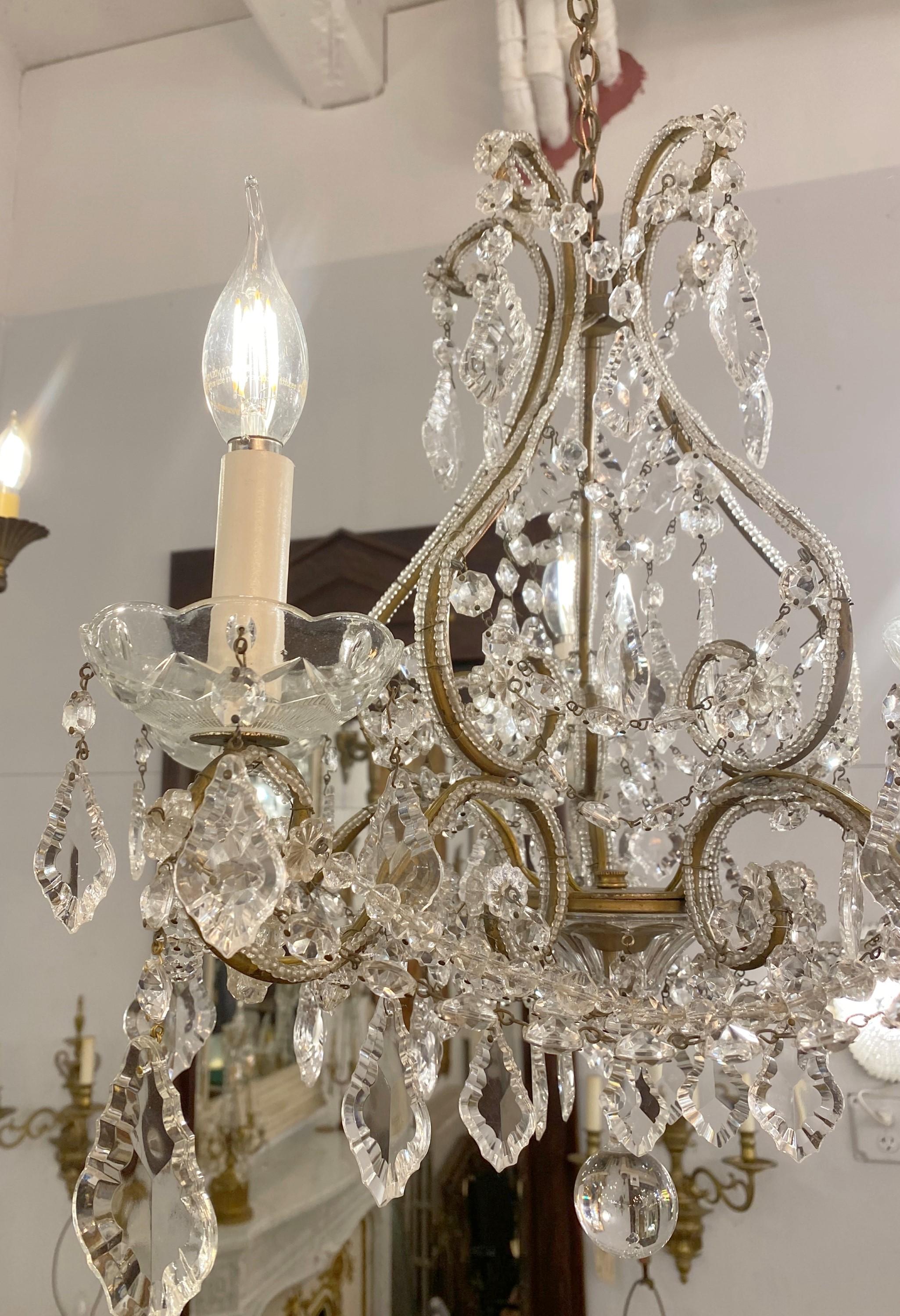 Clear Crystal Bronze Chandelier with 5 Beaded Brass Arms 3