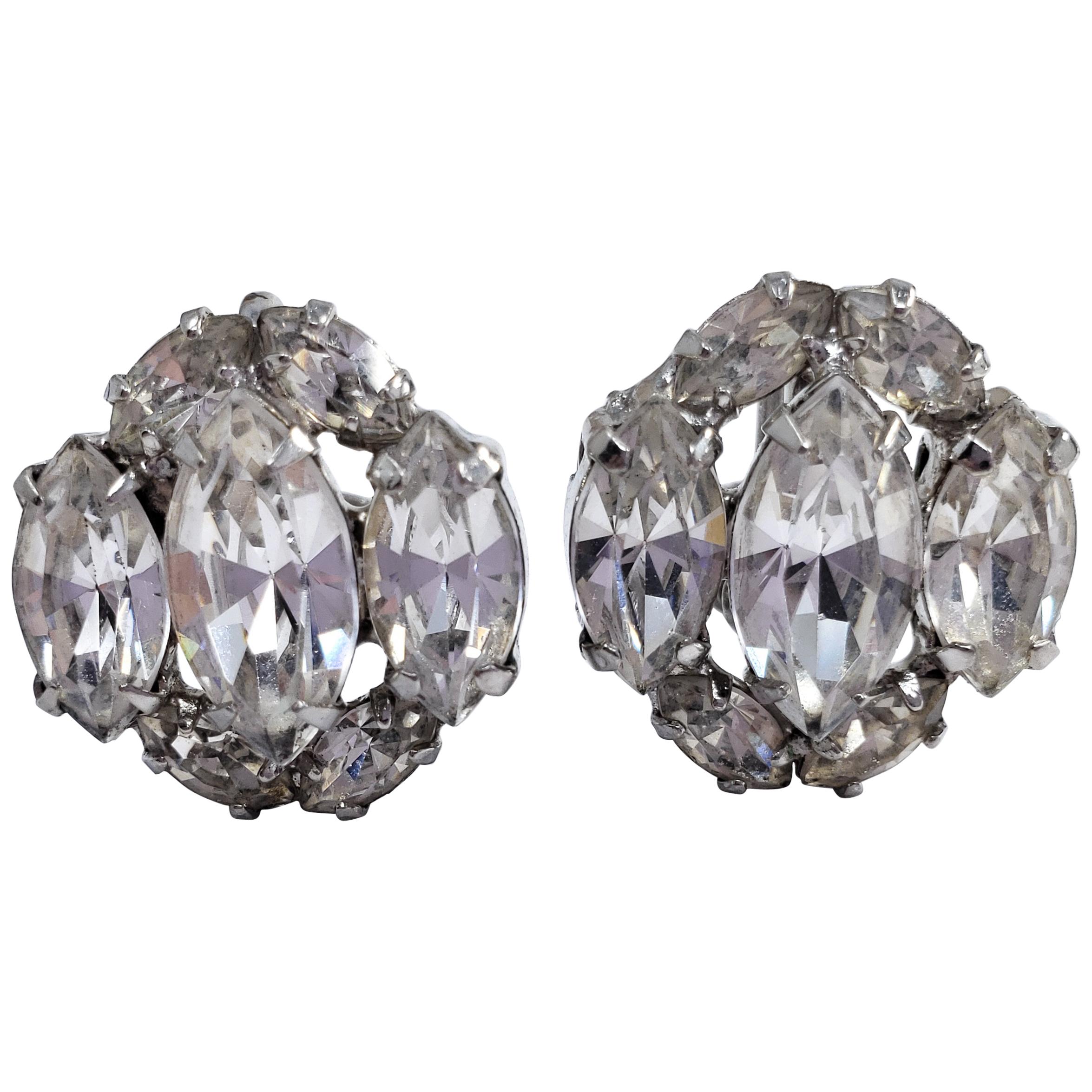 Clear Crystal Cluster Earrings in Silver, Mid 1900s, Prong Set, Screw Back Hardw For Sale