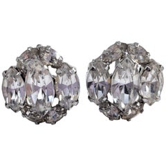 Vintage Clear Crystal Cluster Earrings in Silver, Mid 1900s, Prong Set, Screw Back Hardw