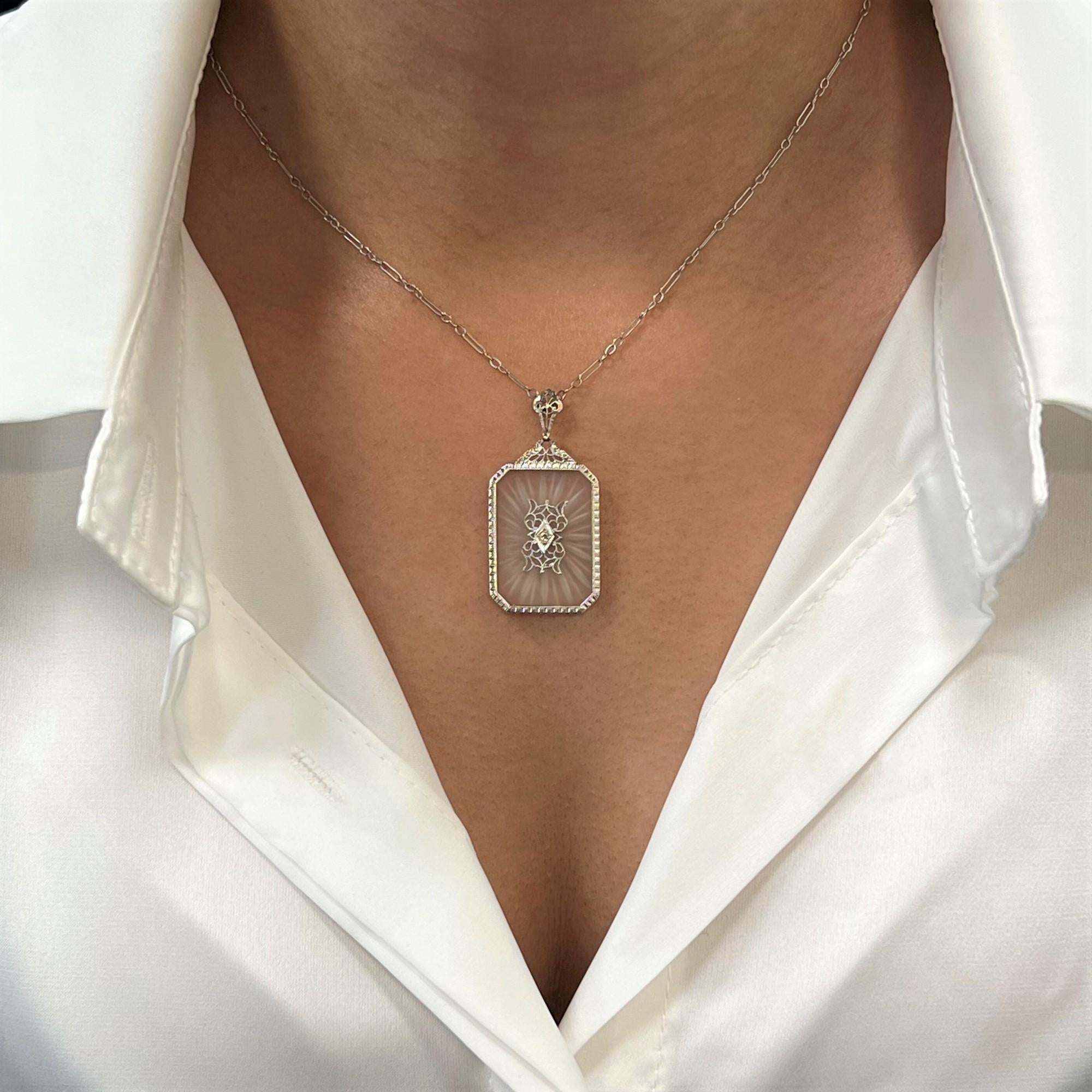 Halskette mit Anhänger aus durchsichtigem Klarkristall und Diamant 14k Weißgold Damen im Angebot