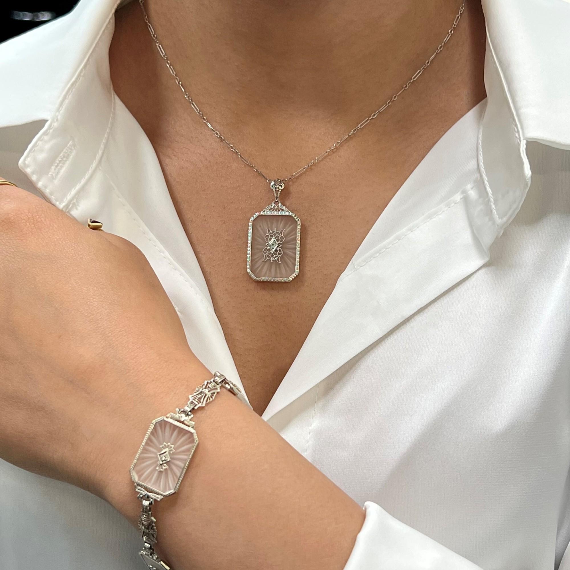 Clear Crystal Diamond Bracelet Pendant Necklace Set 14k White Gold For Sale 1