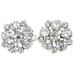 Clear Crystal Silvertone Pair of Round Retro Pin Brooches, Prong-Set