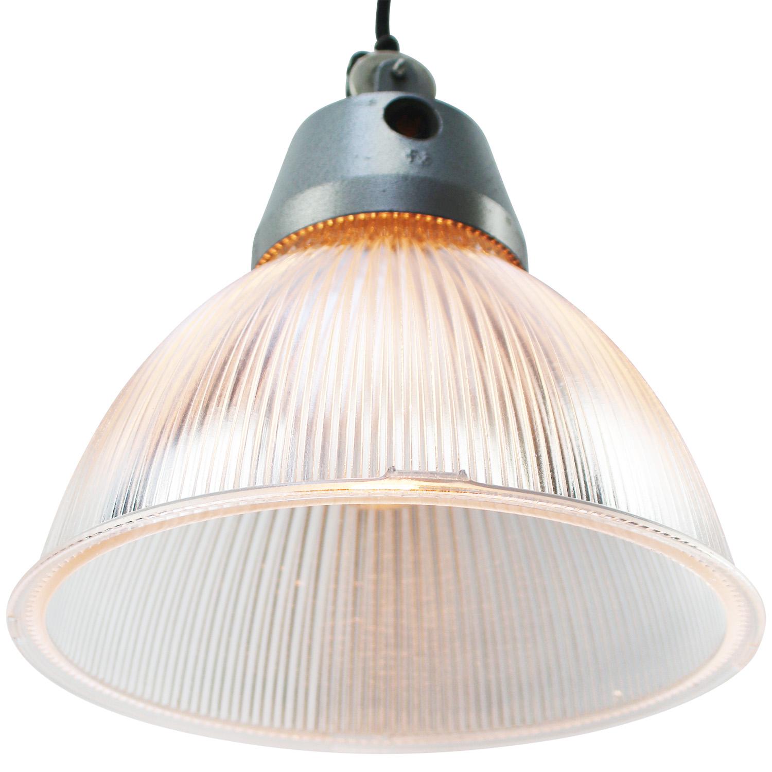 French Clear Cut Glass Vintage Industrial Pendant Lights by Holophane France