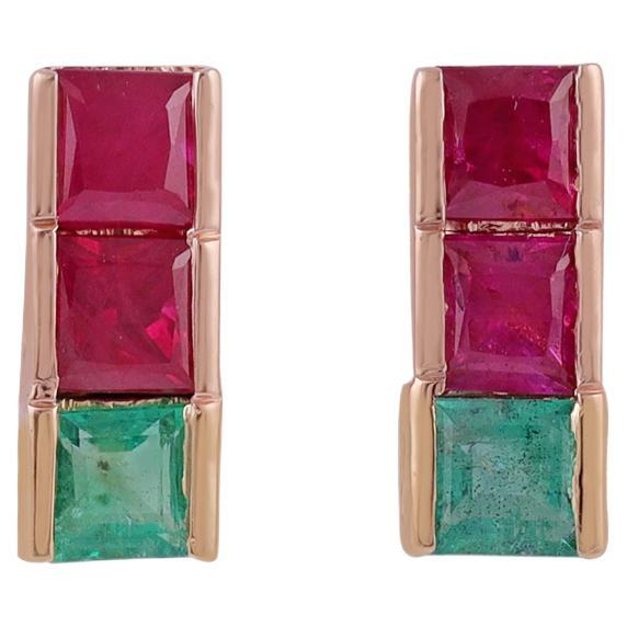 Clear Emerald & Ruby Stud Earrings in 18k Rose Gold For Sale