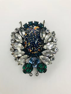 Clear, Emerald, Sapphire Austrian Crystal, Vintage Czech Fire Opal "Bug" Brooch