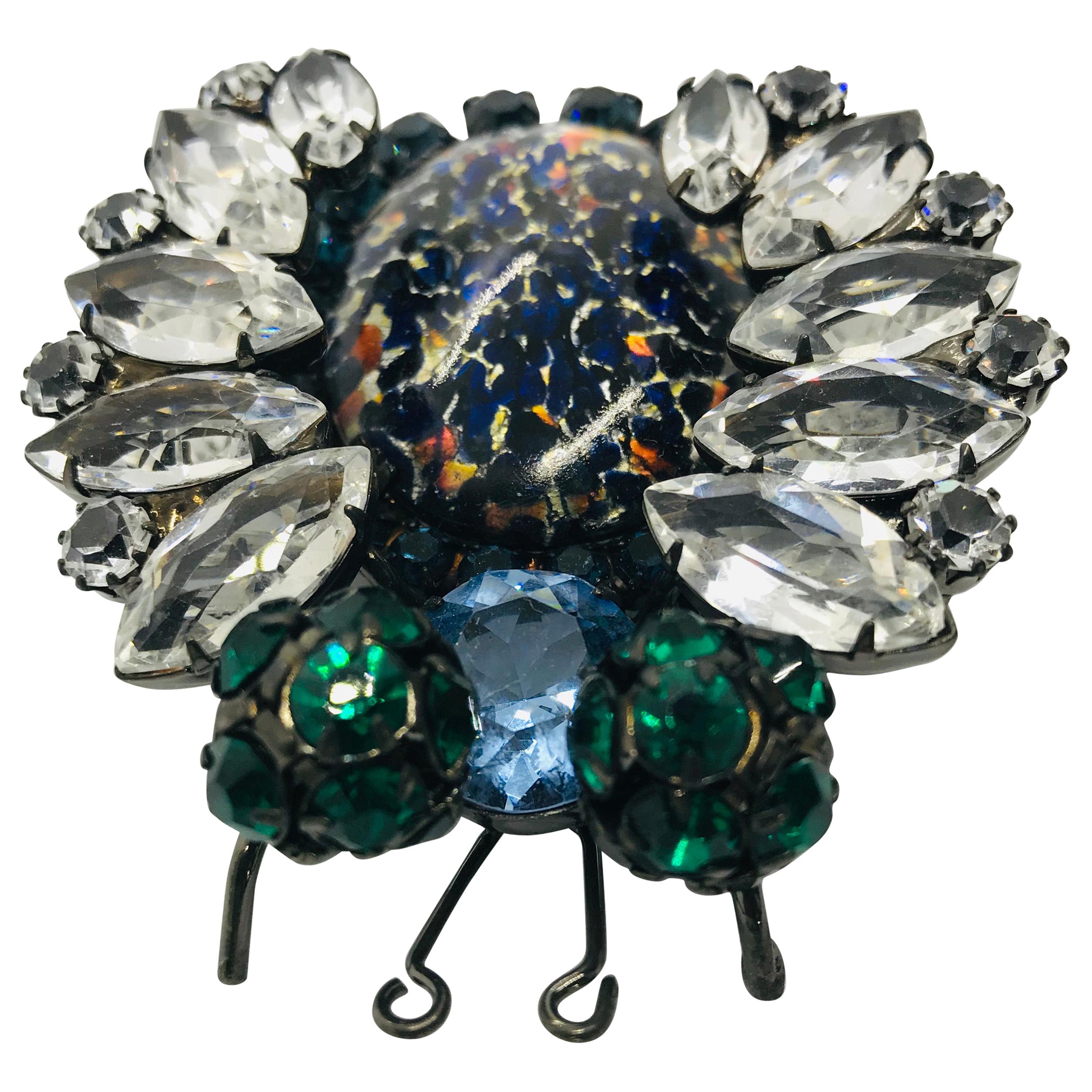 Clear, Emerald, Sapphire Austrian Crystal, Vintage Czech Fire Opal "Bug" Brooch For Sale