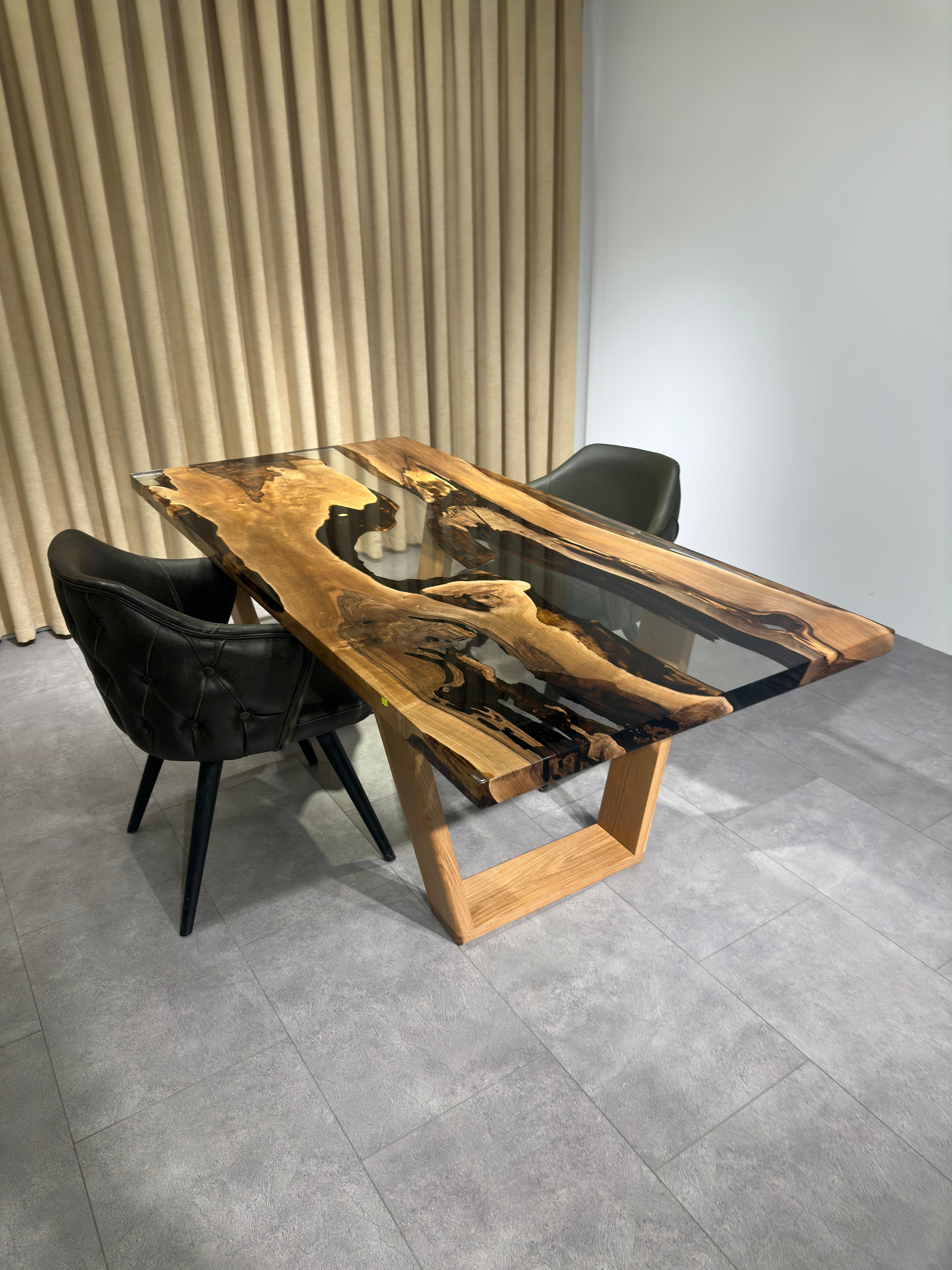 Turkish Clear Epoxy Resin Walnut Live Edge Dining Room Table - Custom Table For Sale