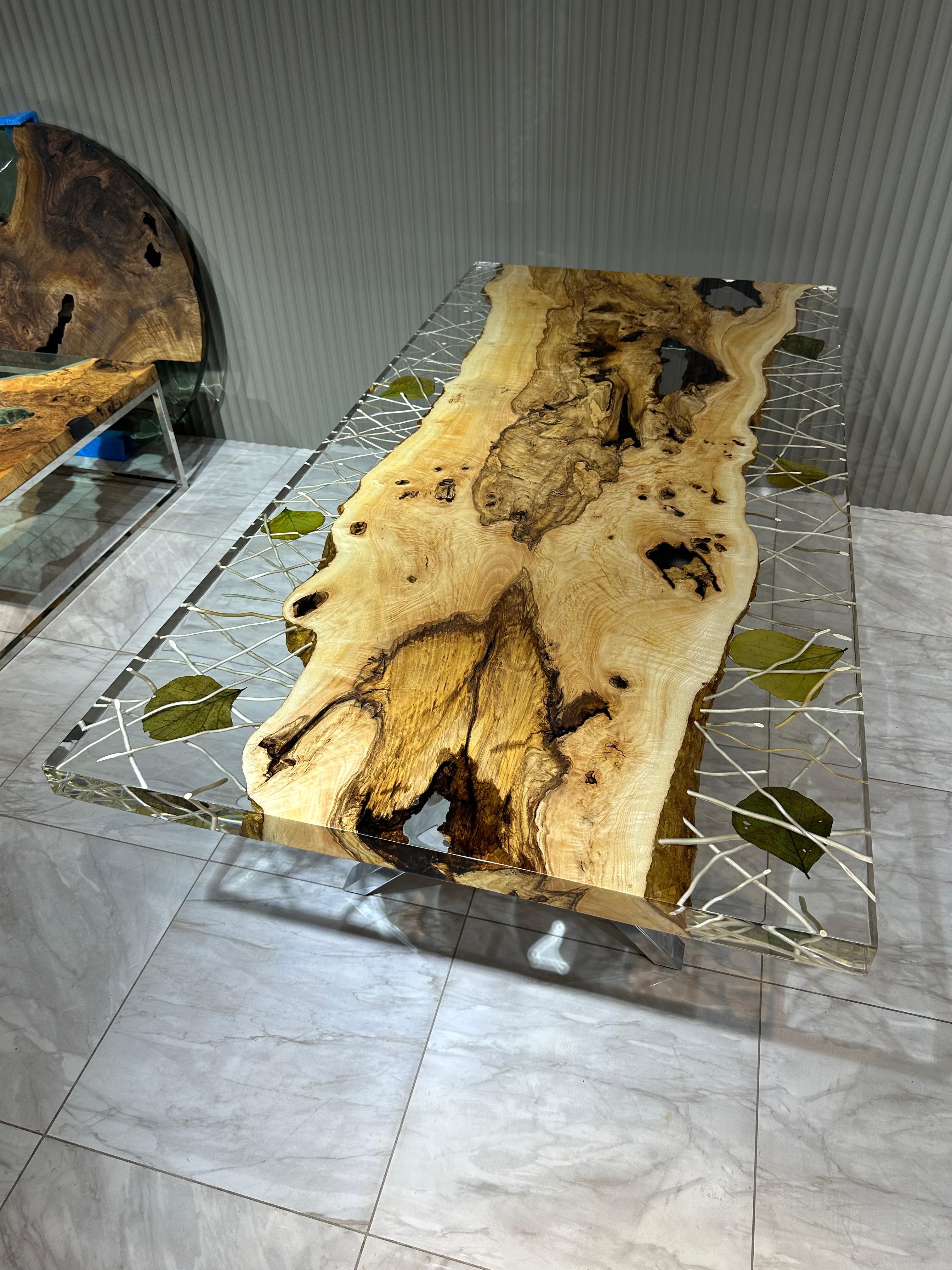 Clear Epoxy Resin Wooden Dining Table For Sale 2