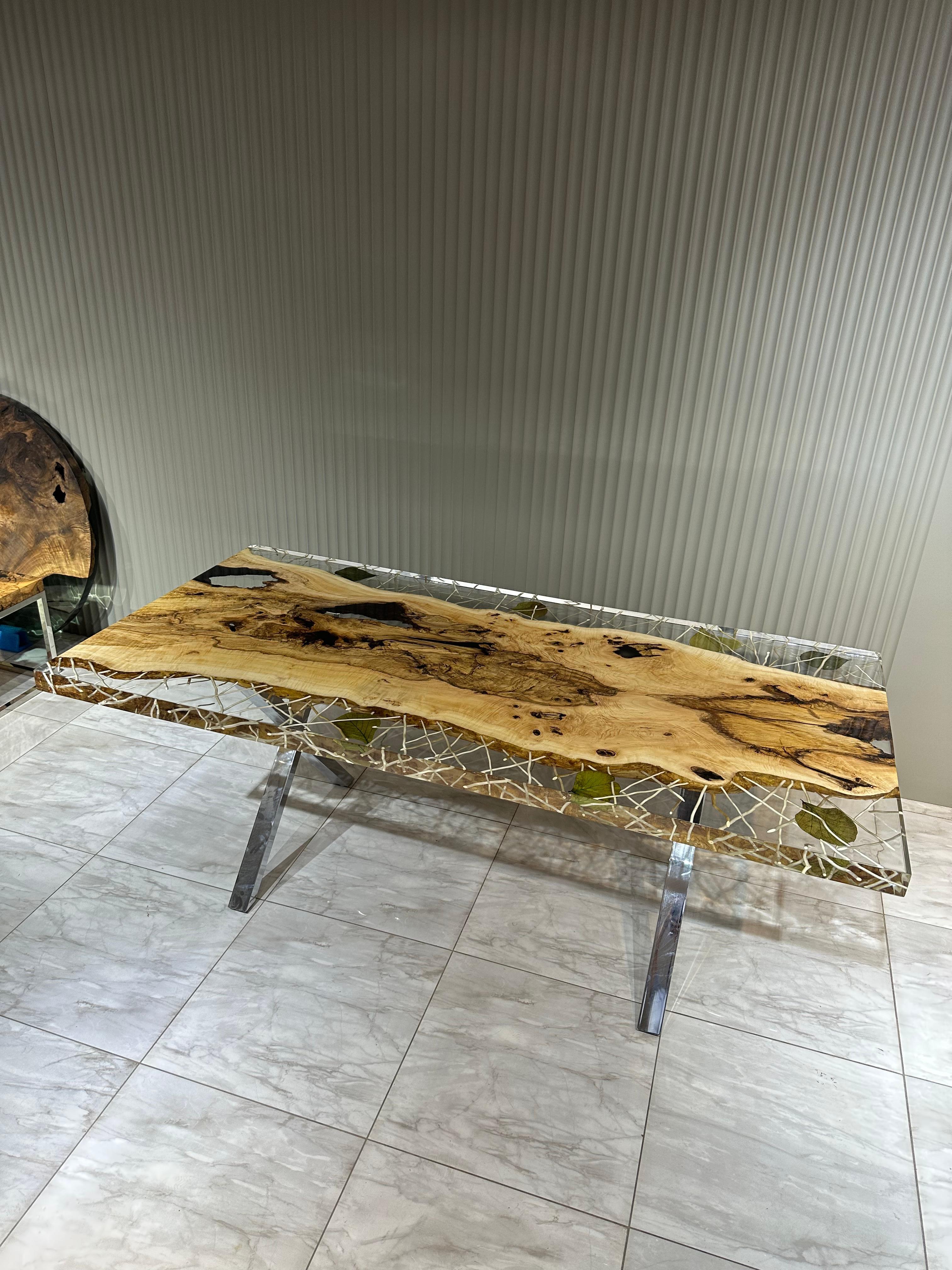Clear Epoxy Resin Wooden Dining Table For Sale 8