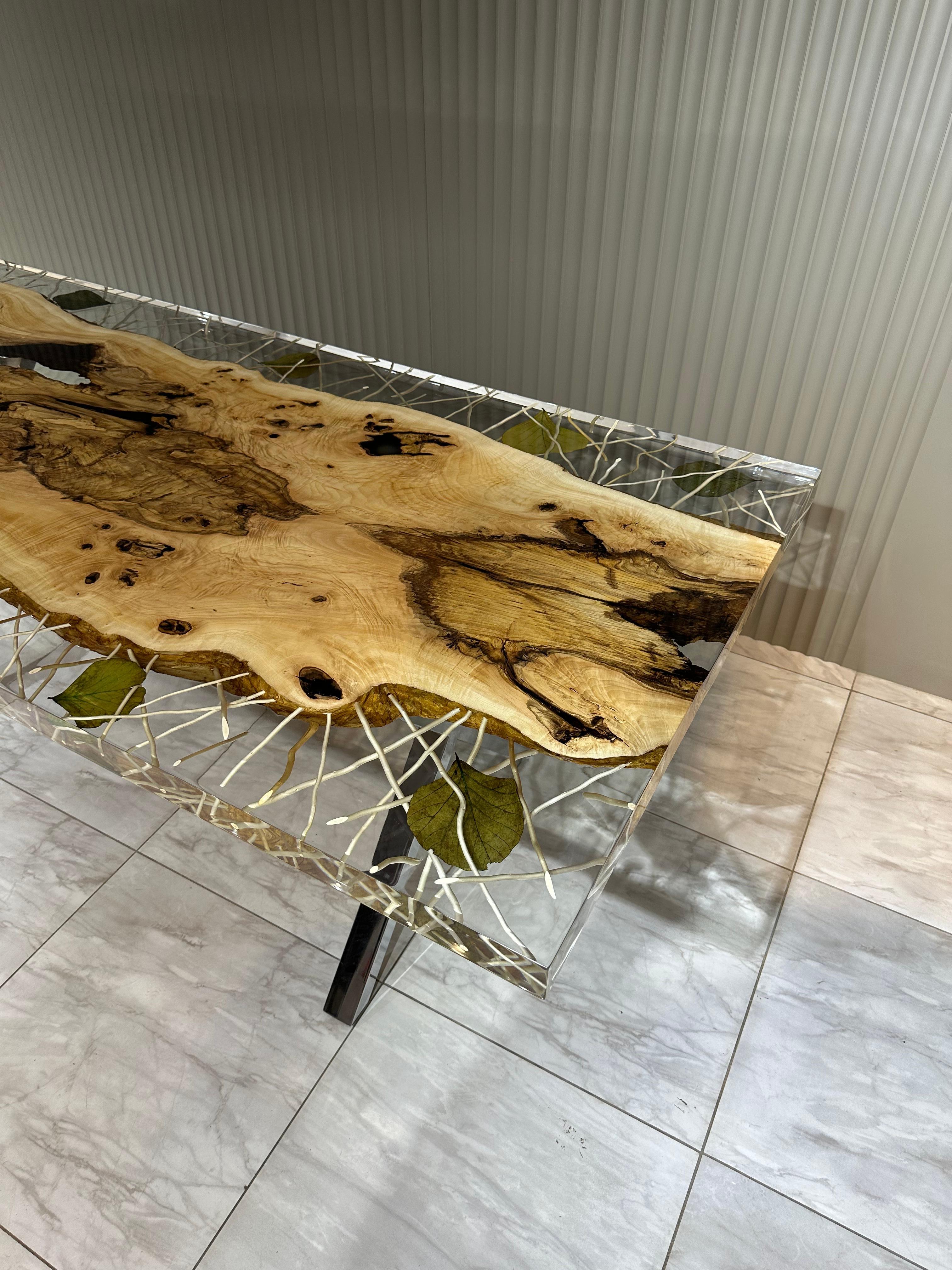 Clear Epoxy Resin Wooden Dining Table For Sale 9