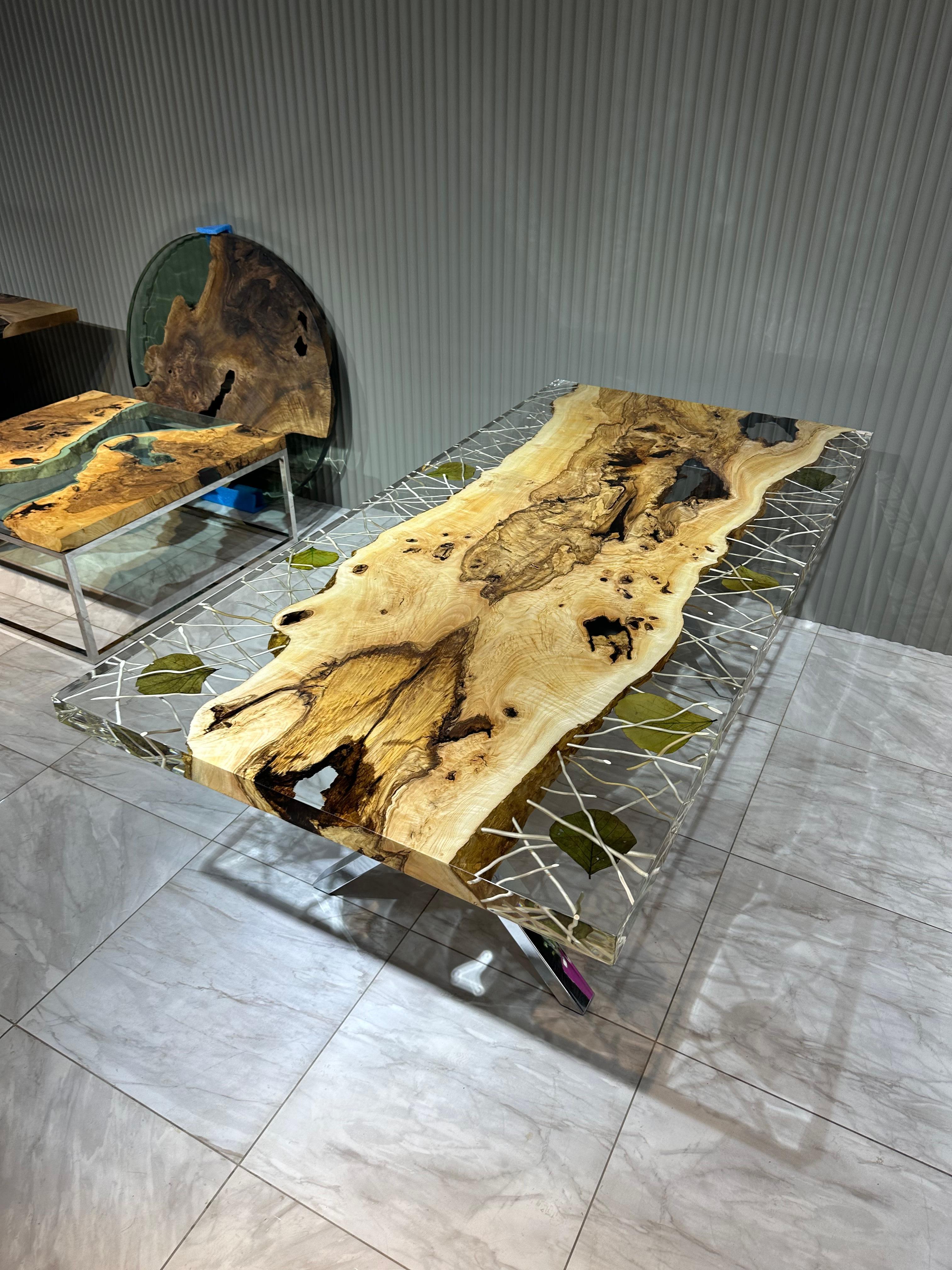 Hand-Carved Clear Epoxy Resin Wooden Dining Table For Sale