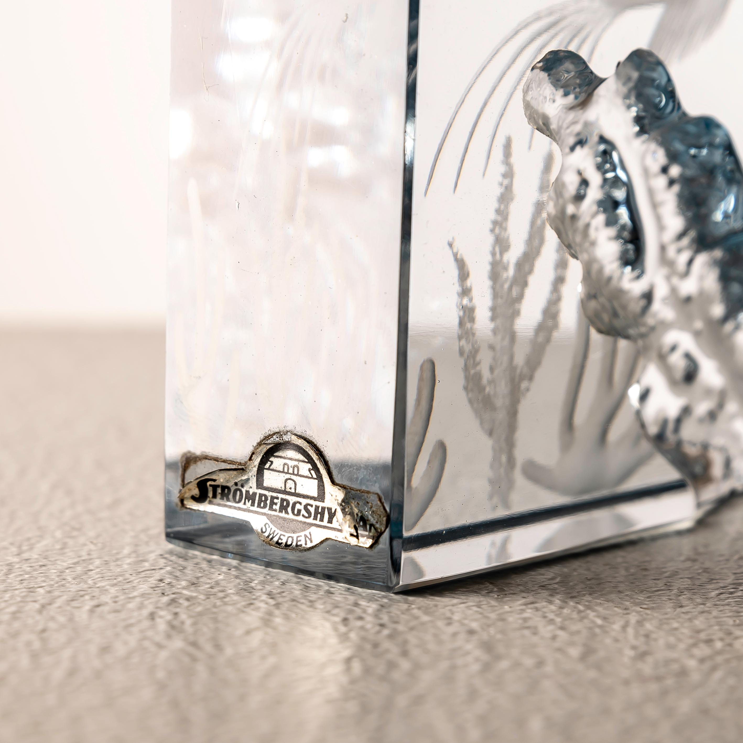 Diese in den 1950er Jahren geätzte Marineszene aus klarem Kunstglas von Strömbergshyttan bietet einen fesselnden Einblick in die Schönheit der Natur, eingefangen in Glas. Strömbergshyttan, bekannt für seine außergewöhnlichen Glasarbeiten,