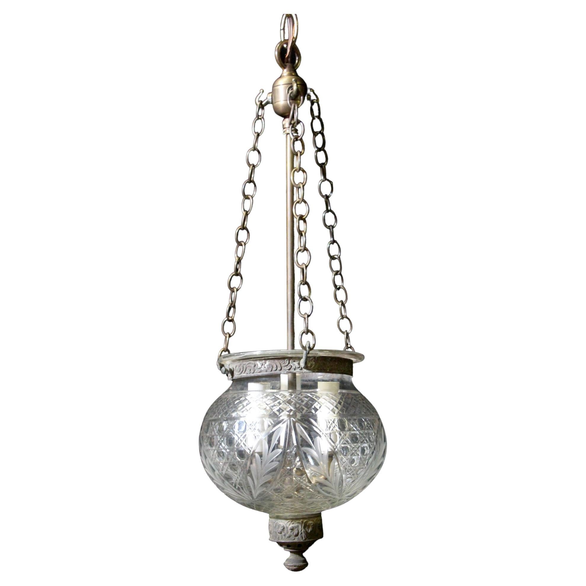 Clear Etched Glass Onion Bell Jar Pendant Light Brass Hardware