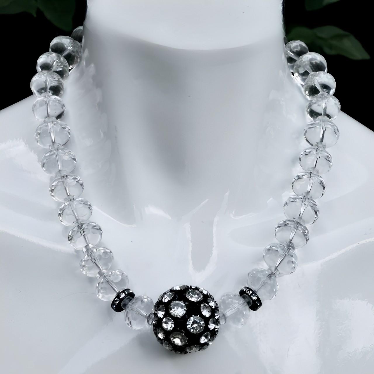 Clear Faceted Glass Beaded Necklace with Black Enamel and Crystal Ball In Good Condition For Sale In London, GB