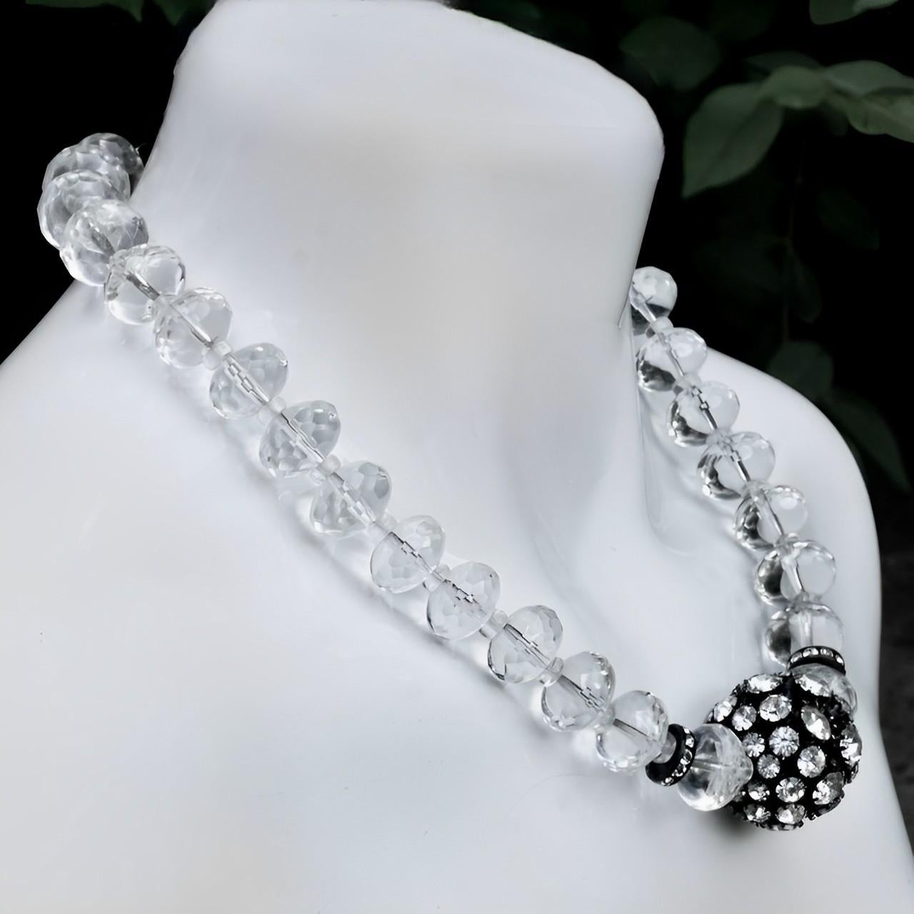 Women's or Men's Clear Faceted Glass Beaded Necklace with Black Enamel and Crystal Ball For Sale