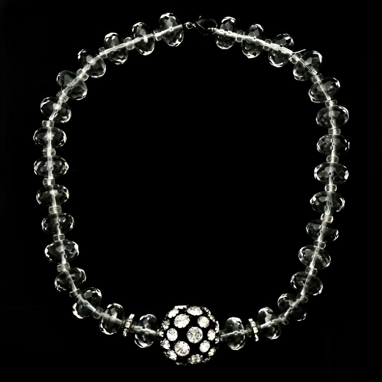 Clear Faceted Glass Beaded Necklace with Black Enamel and Crystal Ball For Sale 1