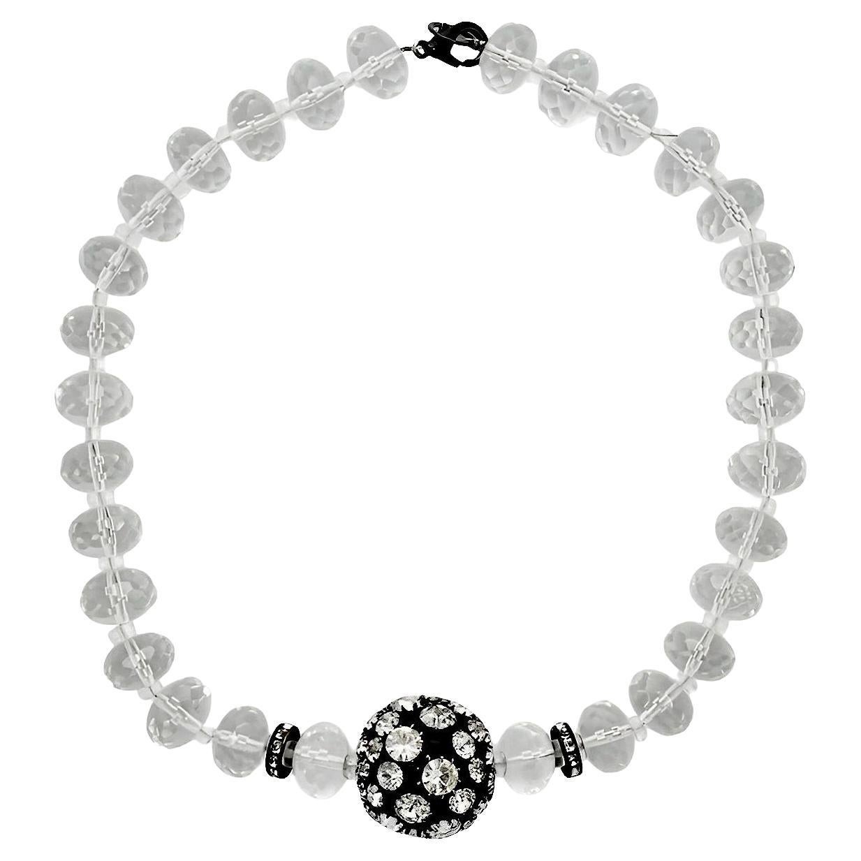 Clear Faceted Glass Beaded Necklace with Black Enamel and Crystal Ball