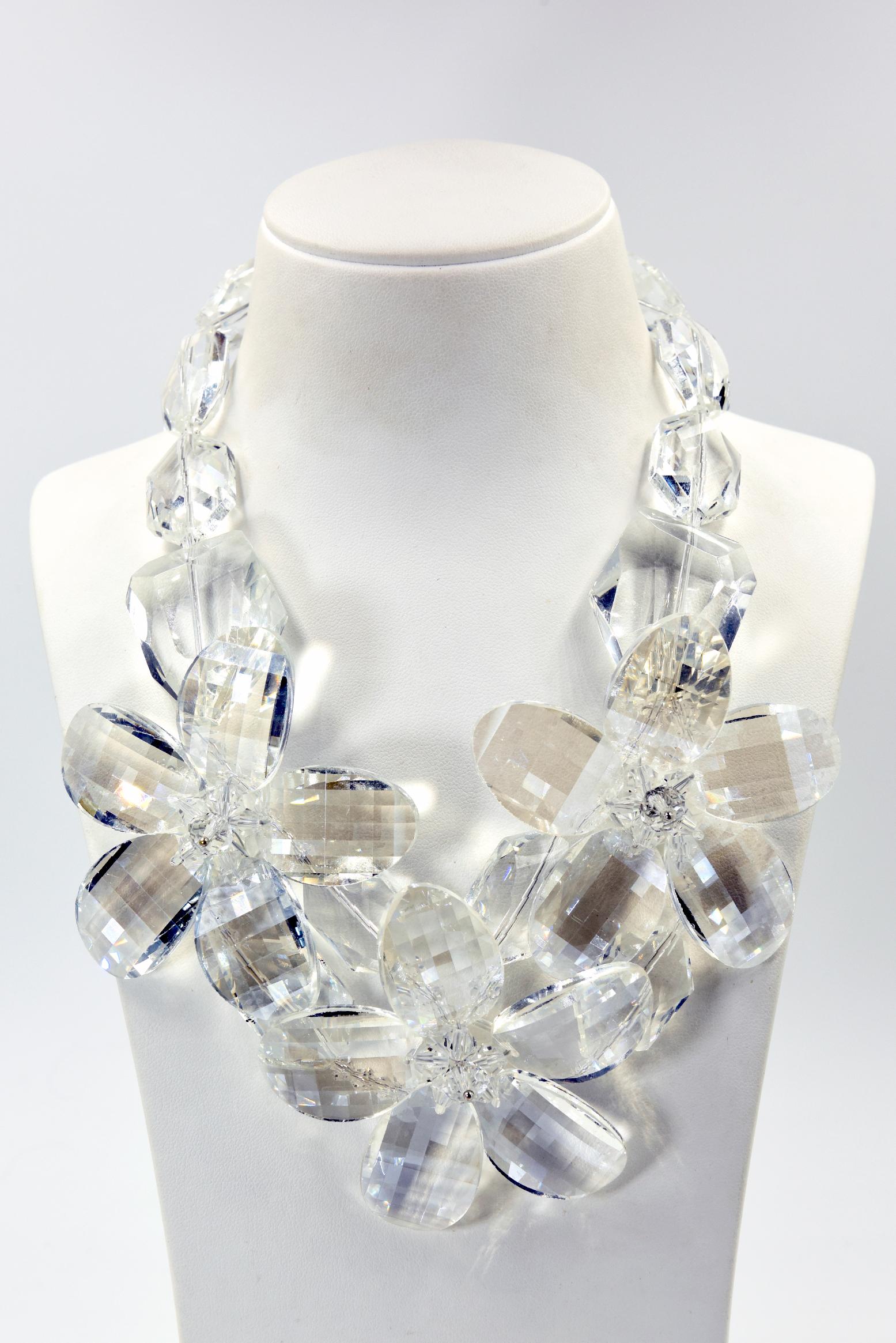 Clear Faceted Lucite Flower Statement Necklace 2