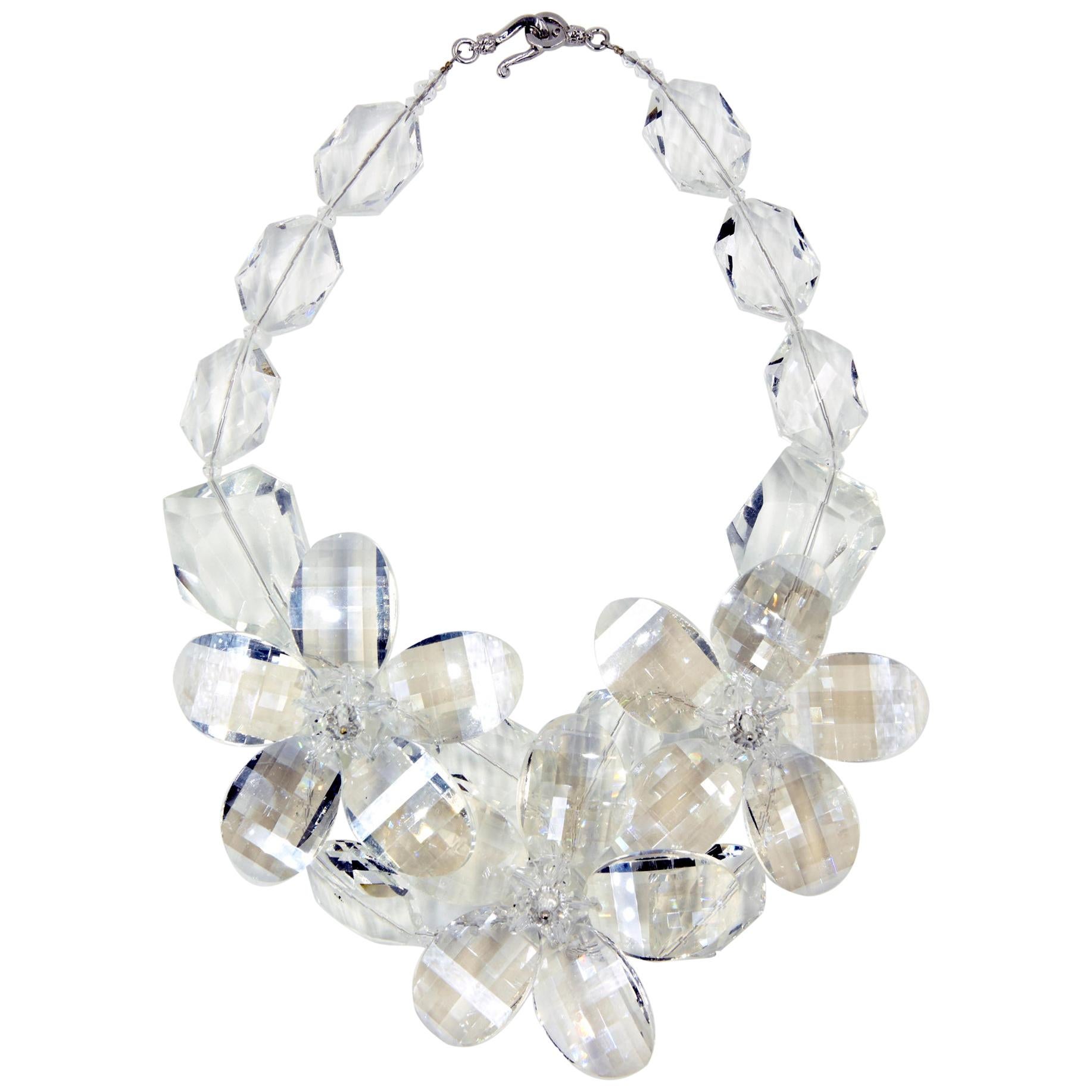 Clear Faceted Lucite Flower Statement Necklace