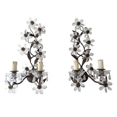 Clear Flower Maison Baguès Crystal Flower Sconces Signed circa 1920